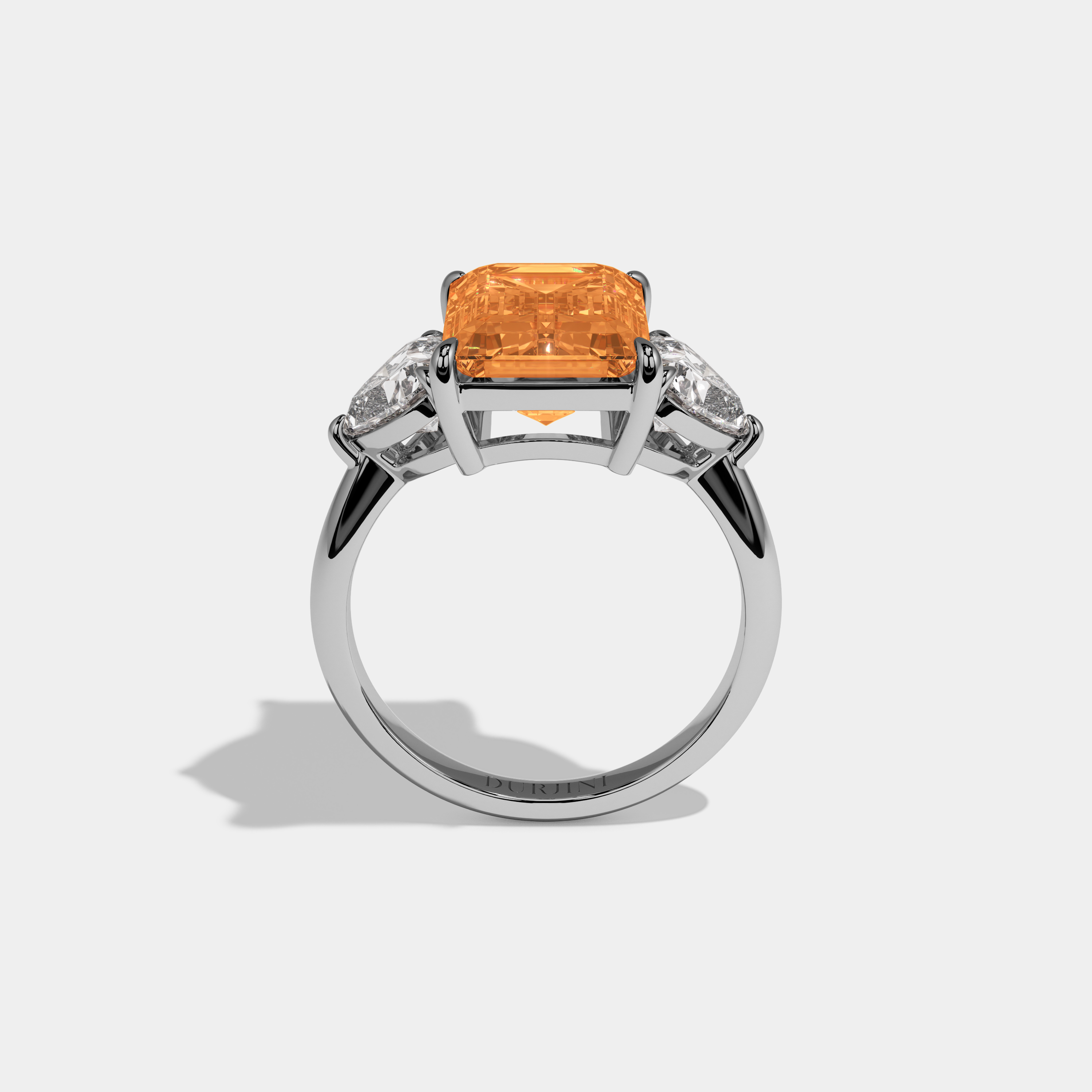 Augusta Fancy Orange Emerald Cut Diamond Plain Band With Heart Cut Sides Engagement Ring 8ct 18K White Gold