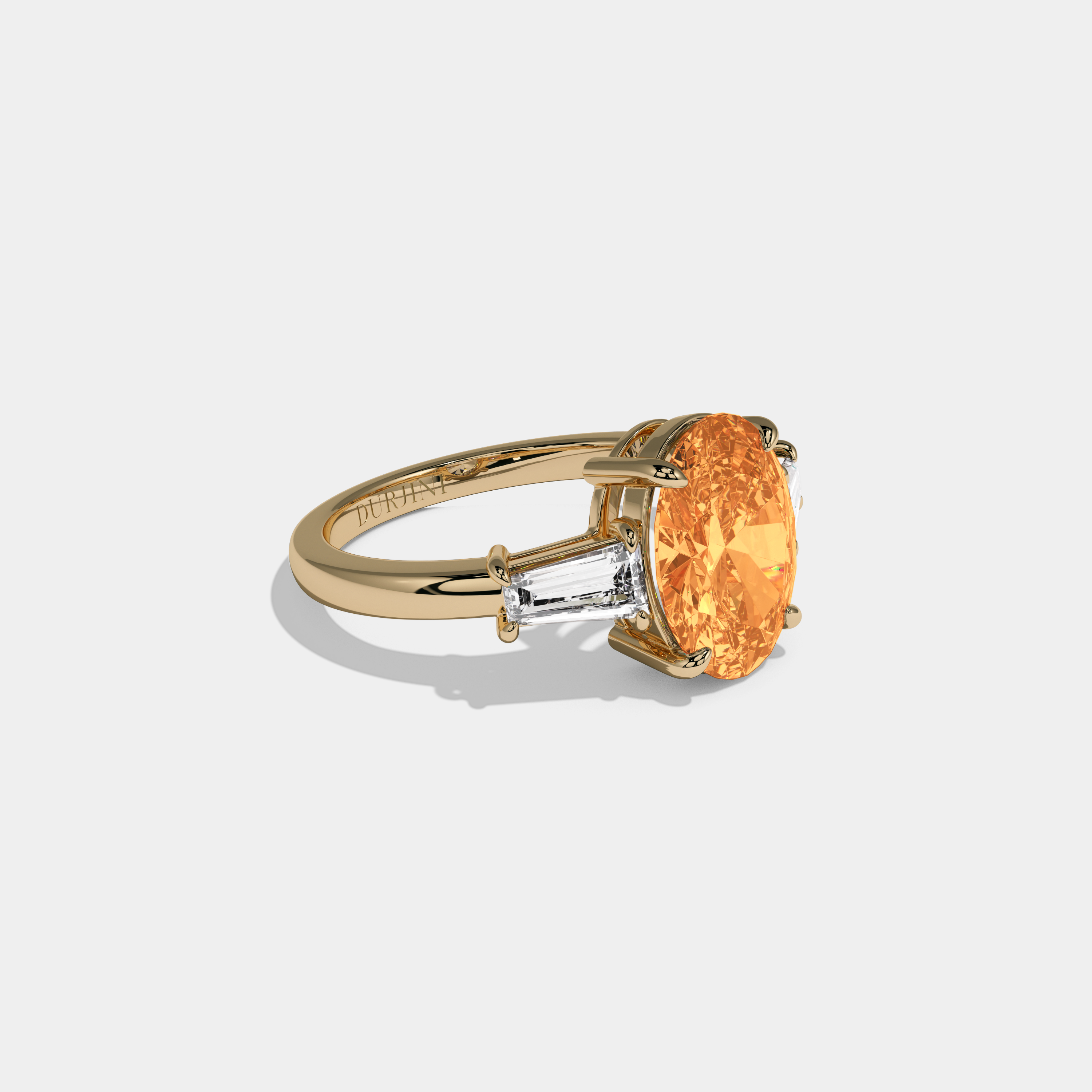 Elizabeth Fancy Orange Oval Cut Diamond Plain Band Engagement Ring With Baguette Cut Sides 6ct 18K Yellow Gold