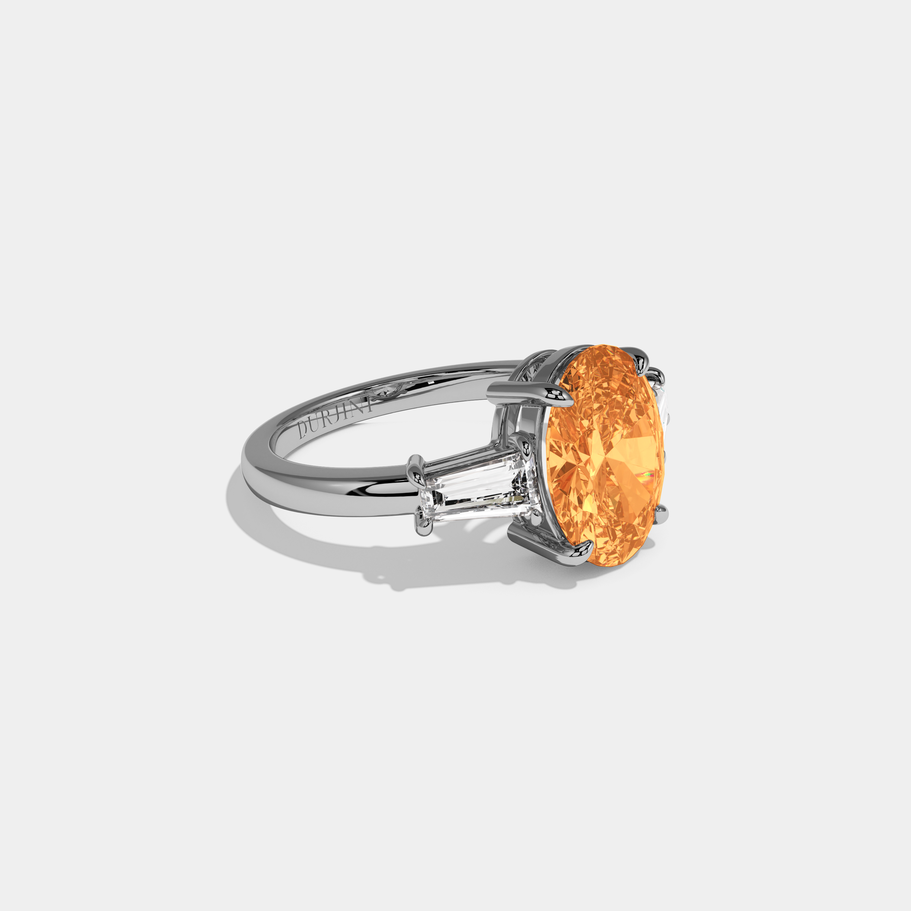 Augusta Fancy Orange Oval Cut Diamond Plain Band Engagement Ring With Baguette Cut Sides 6ct 18K White Gold