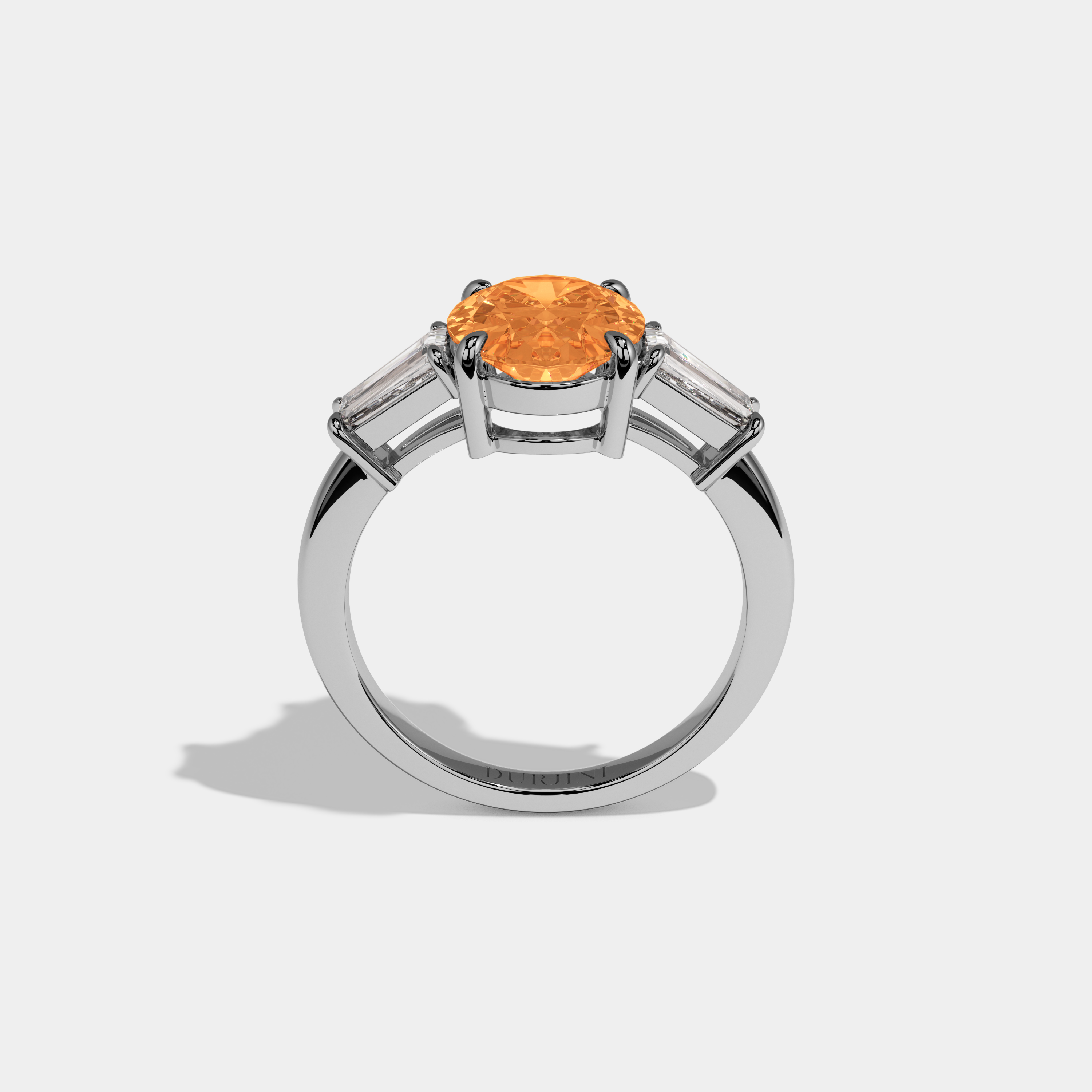 Augusta Fancy Orange Oval Cut Diamond Plain Band Engagement Ring With Baguette Cut Sides 6ct 18K White Gold