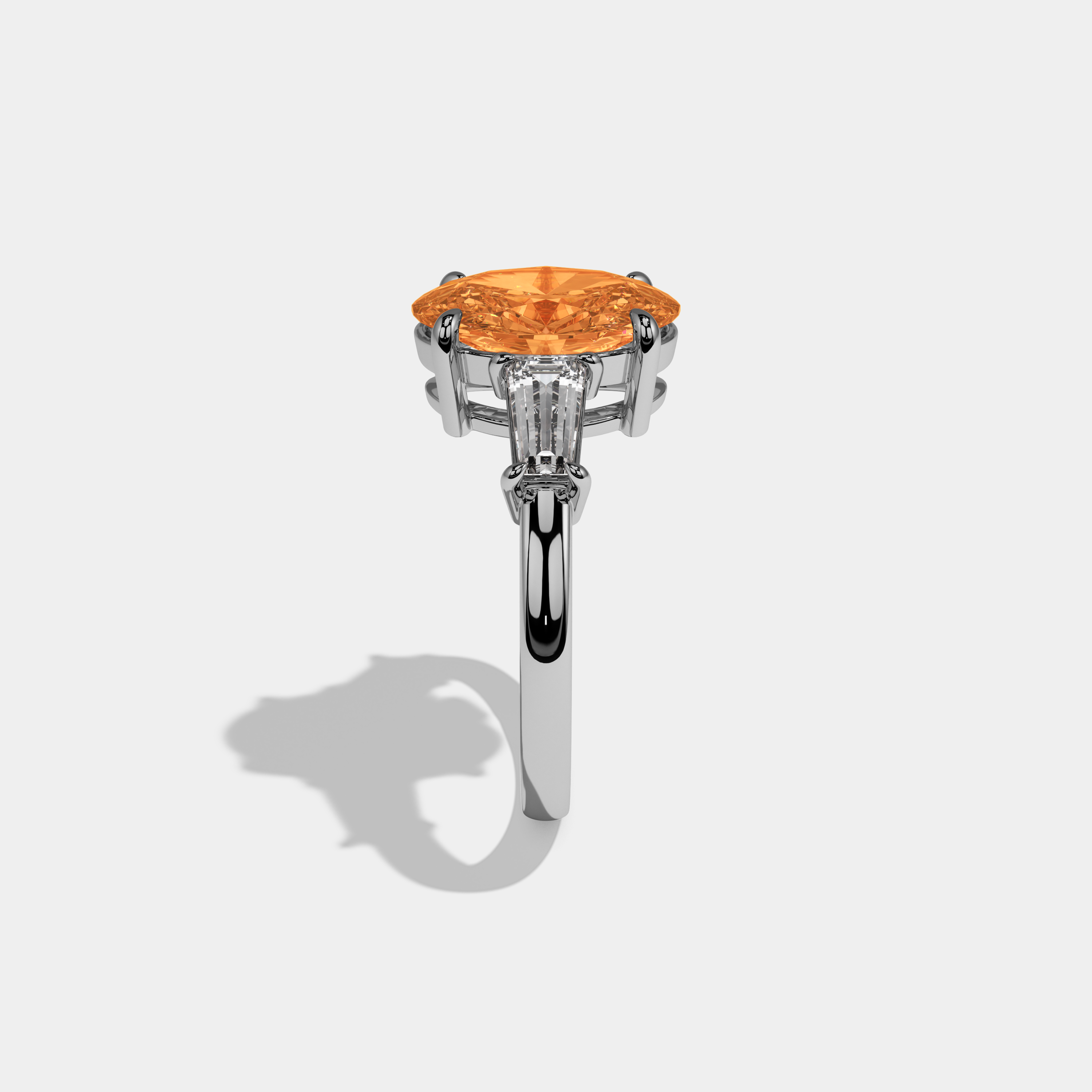 Augusta Fancy Orange Oval Cut Diamond Plain Band Engagement Ring With Baguette Cut Sides 6ct 18K White Gold