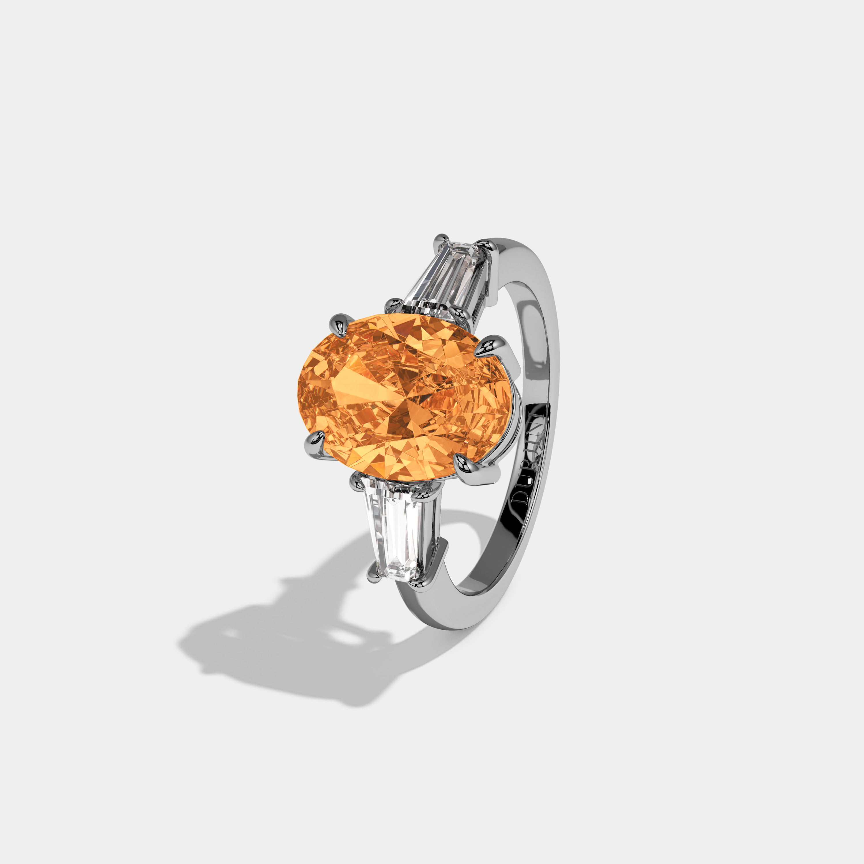 Augusta Fancy Orange Oval Cut Diamond Plain Band Engagement Ring With Baguette Cut Sides 6ct 18K White Gold