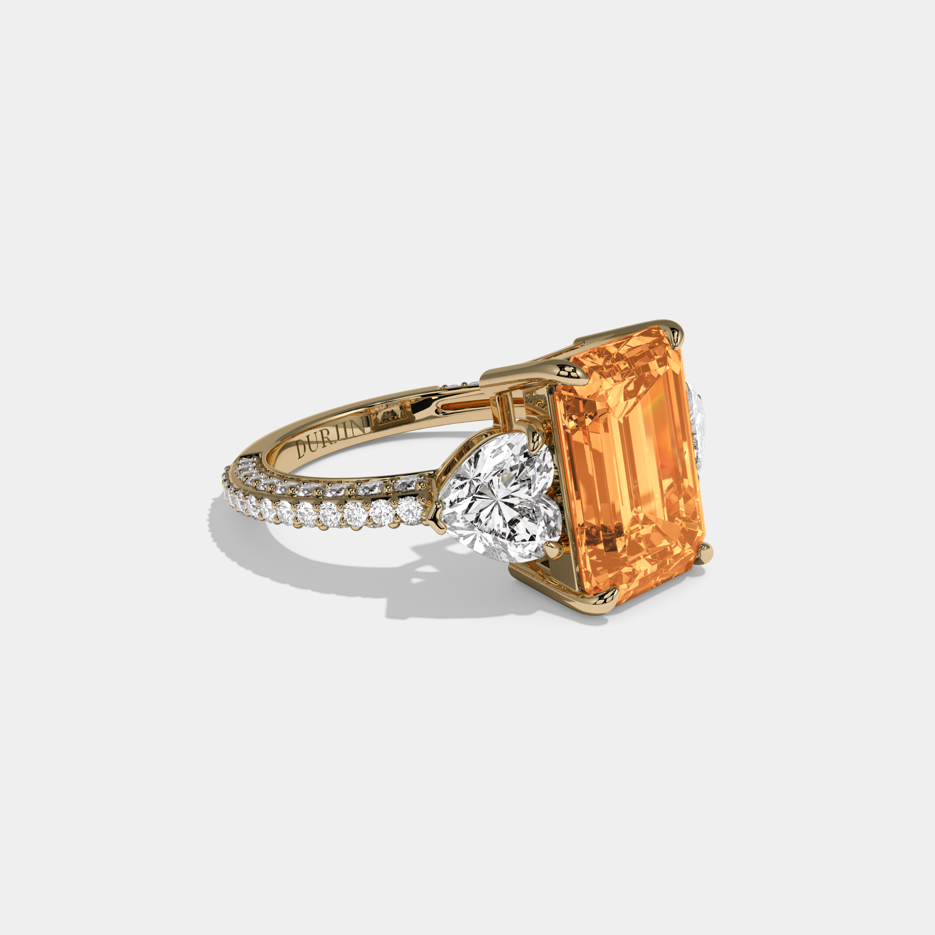 Isadora Fancy Orange Emerald Cut Diamond Band With Heart Cut Sides Engagement Ring 8ct 18K Yellow Gold