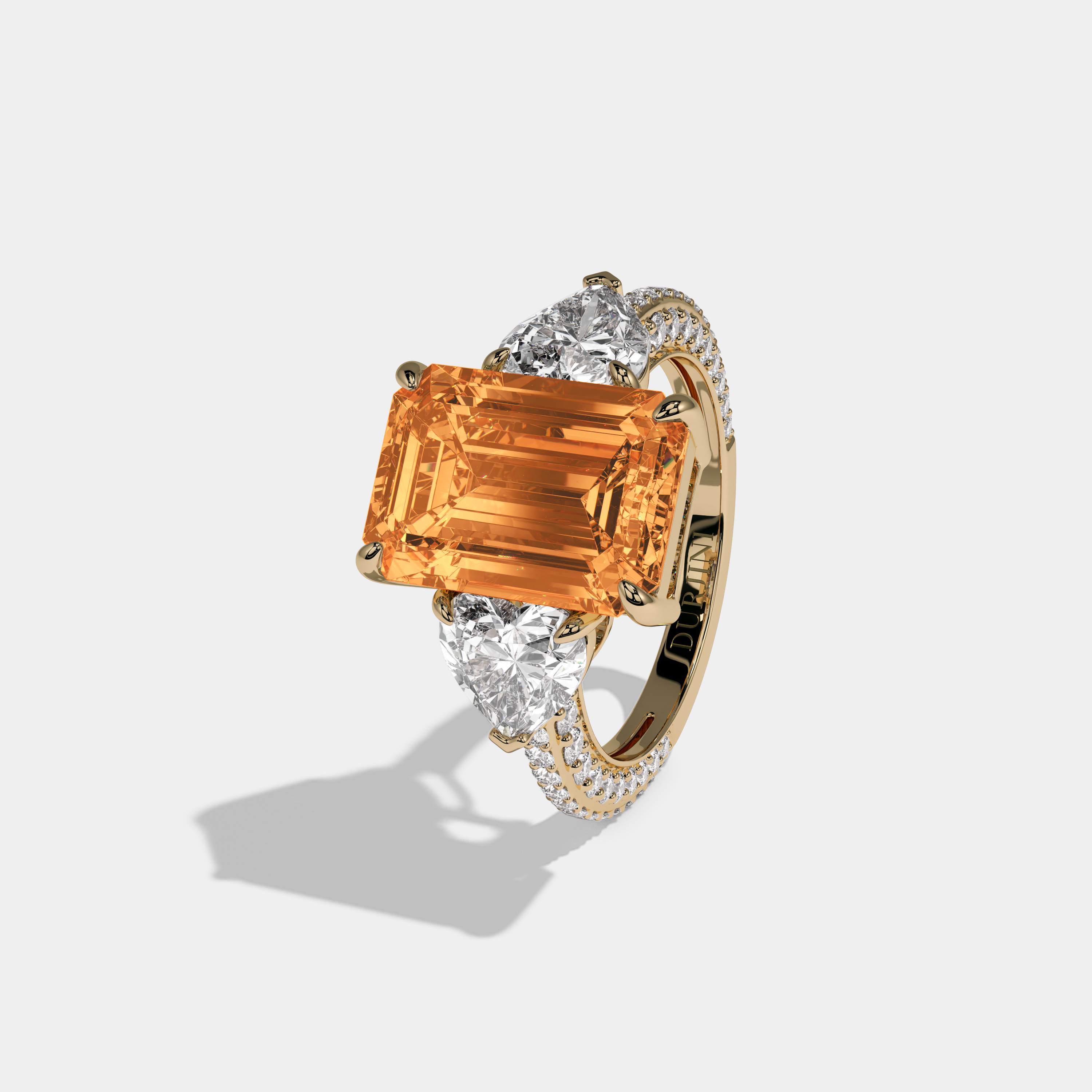 Isadora Fancy Orange Emerald Cut Diamond Band With Heart Cut Sides Engagement Ring 8ct 18K Yellow Gold