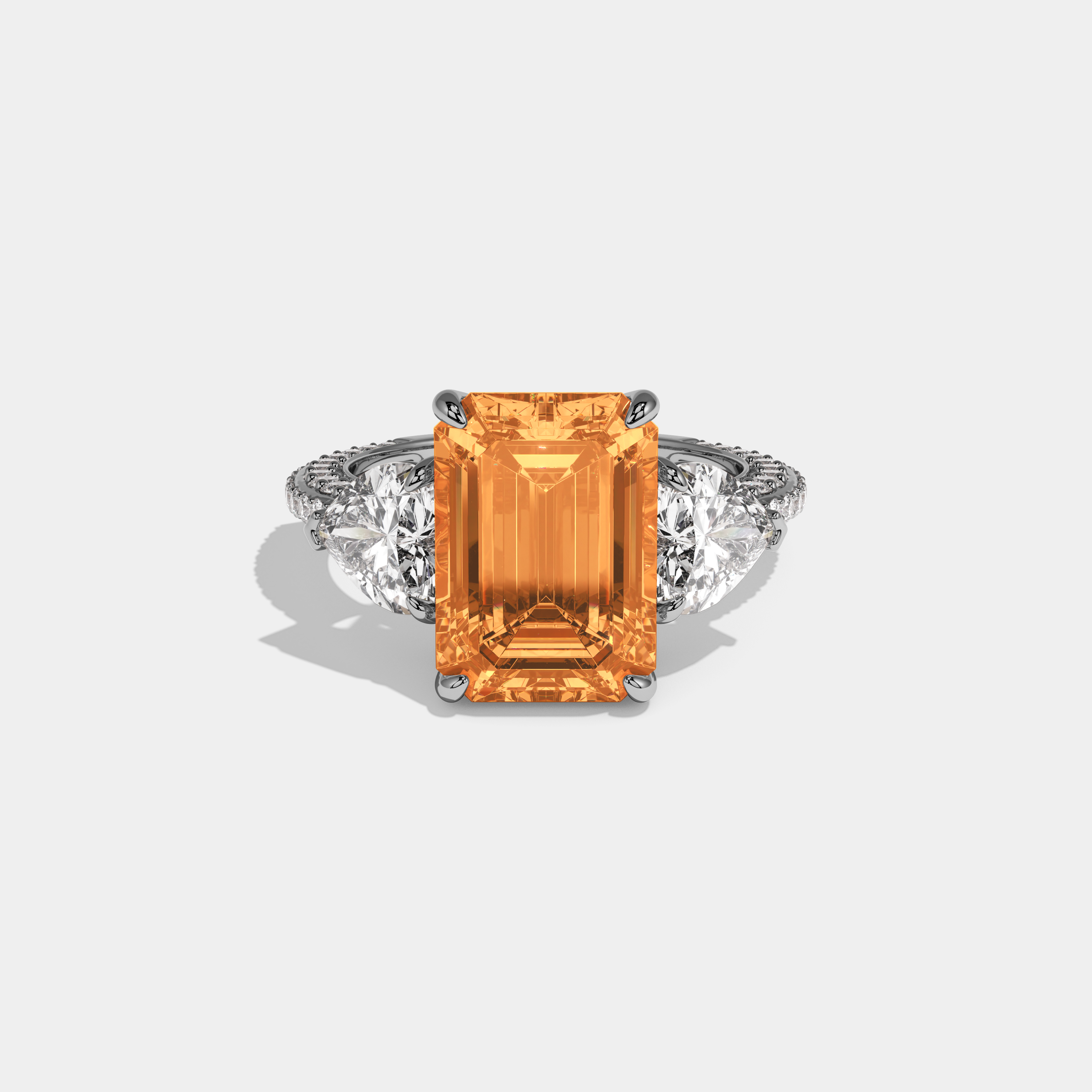 Arabella Fancy Orange Emerald Cut Diamond Band With Heart Cut Sides Engagement Ring 8ct 18K White Gold