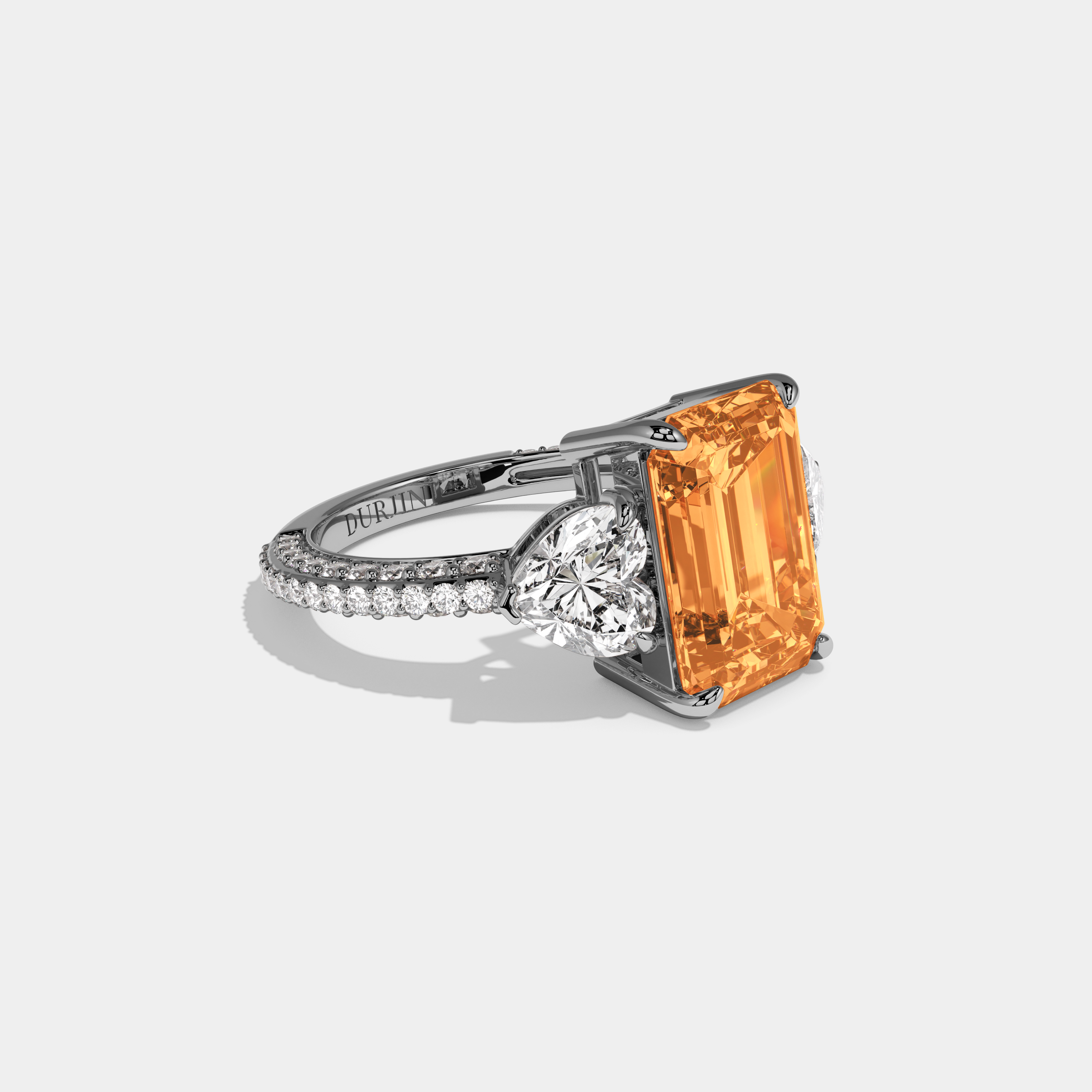Arabella Fancy Orange Emerald Cut Diamond Band With Heart Cut Sides Engagement Ring 8ct 18K White Gold