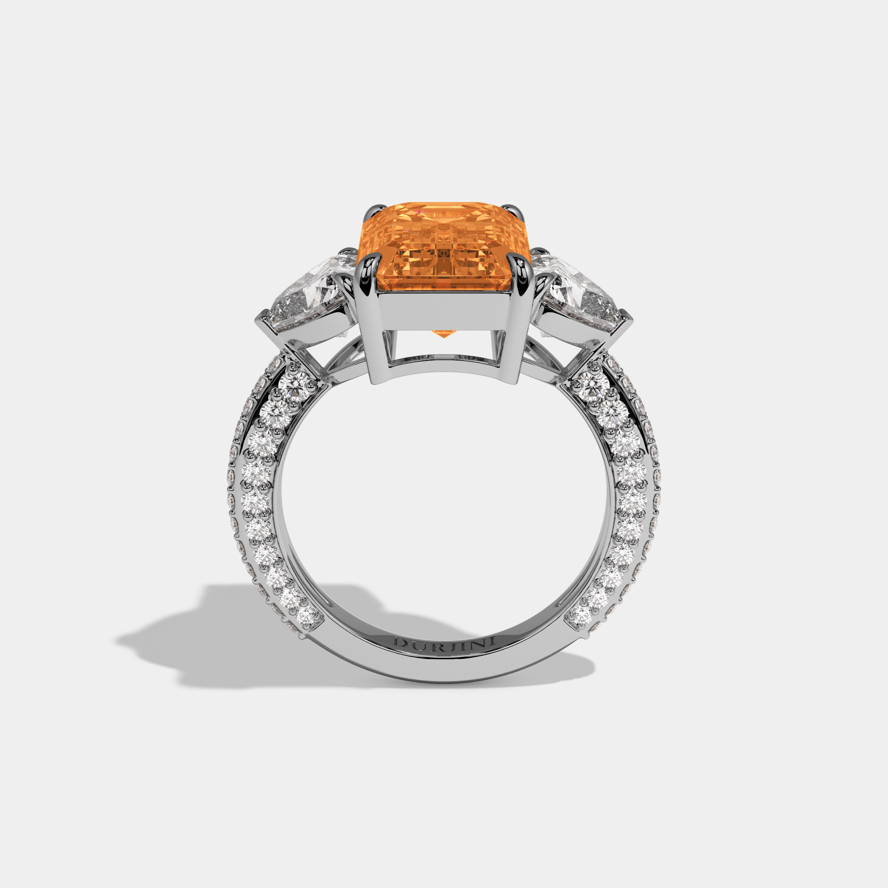 Arabella Fancy Orange Emerald Cut Diamond Band With Heart Cut Sides Engagement Ring 8ct 18K White Gold
