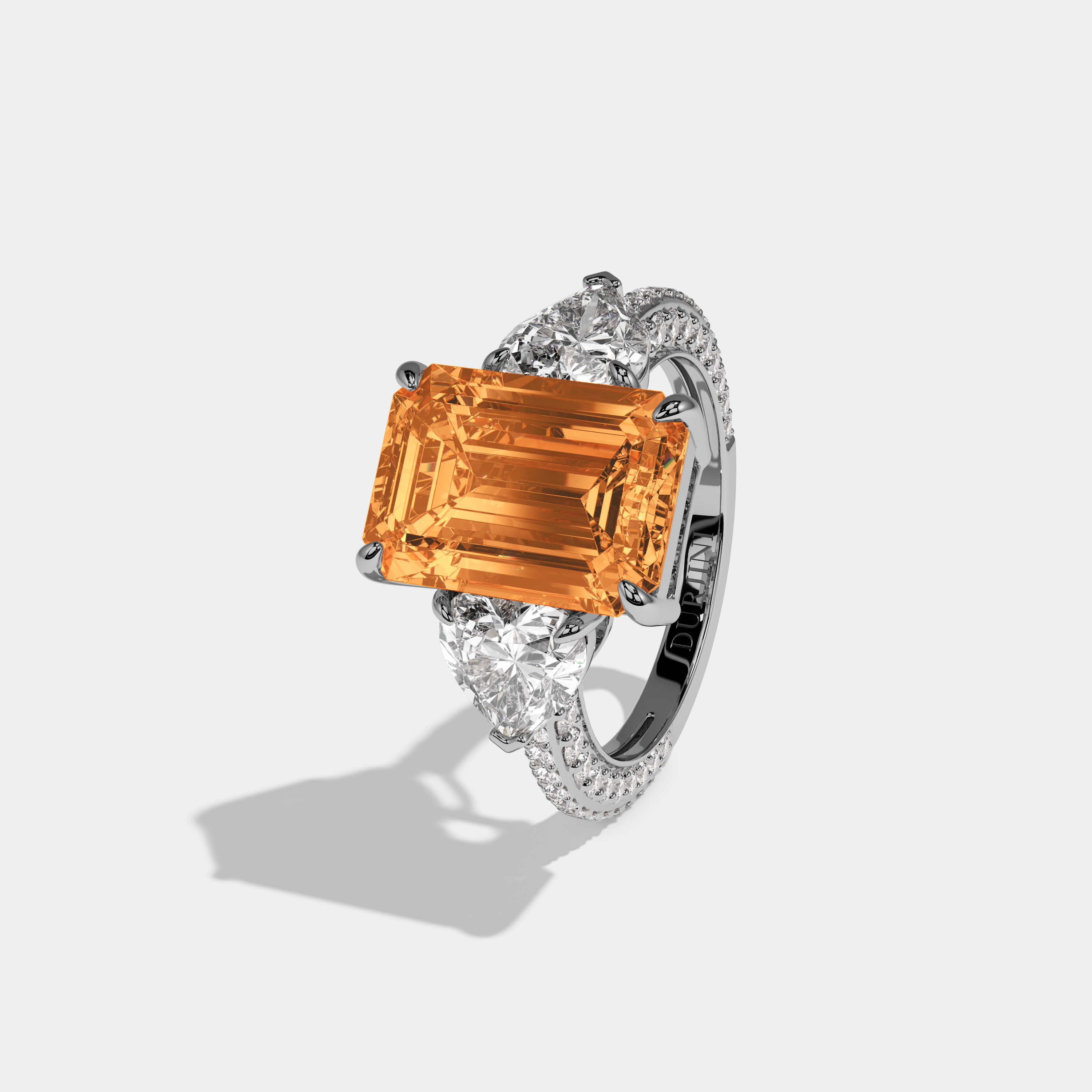 Arabella Fancy Orange Emerald Cut Diamond Band With Heart Cut Sides Engagement Ring 8ct 18K White Gold