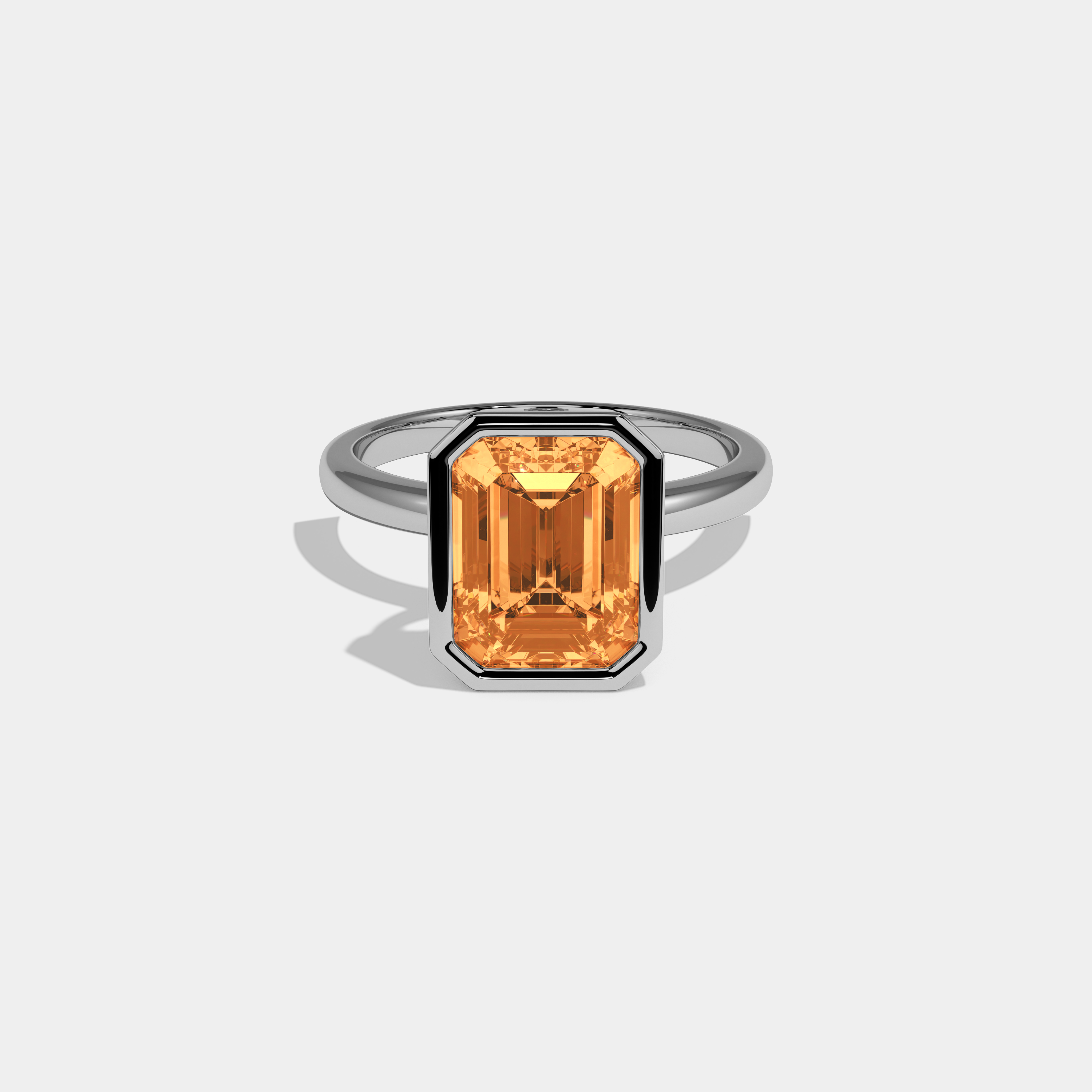 Caroline Fancy Orange Emerald Cut Diamond Plain Band Bezel Engagement Ring 5ct 18K White Gold