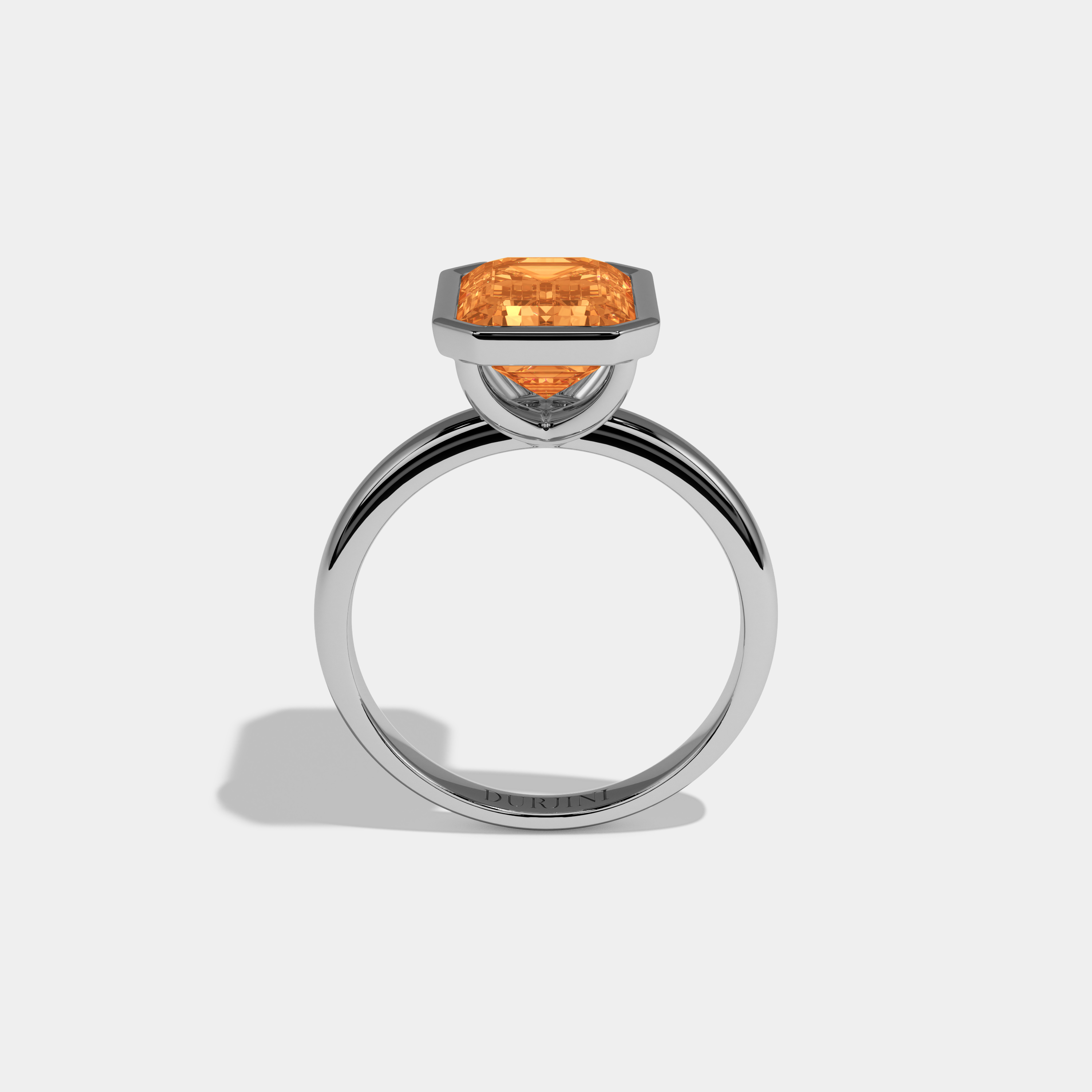 Caroline Fancy Orange Emerald Cut Diamond Plain Band Bezel Engagement Ring 5ct 18K White Gold
