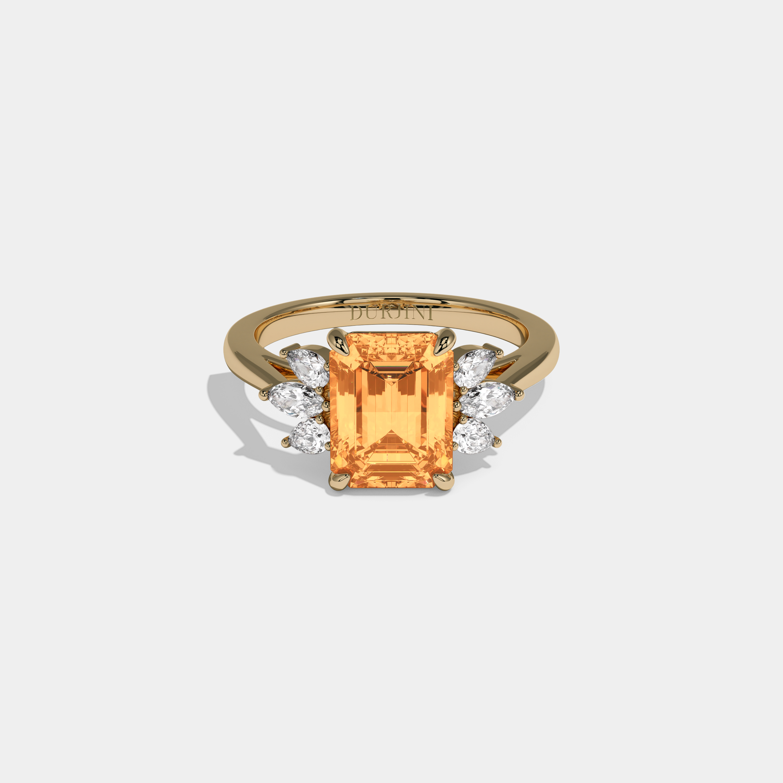Anne Fancy Orange Emerald Cut Diamond Plain Band With Marquise Cut Sides Engagement Ring 6ct 18K Yellow Gold