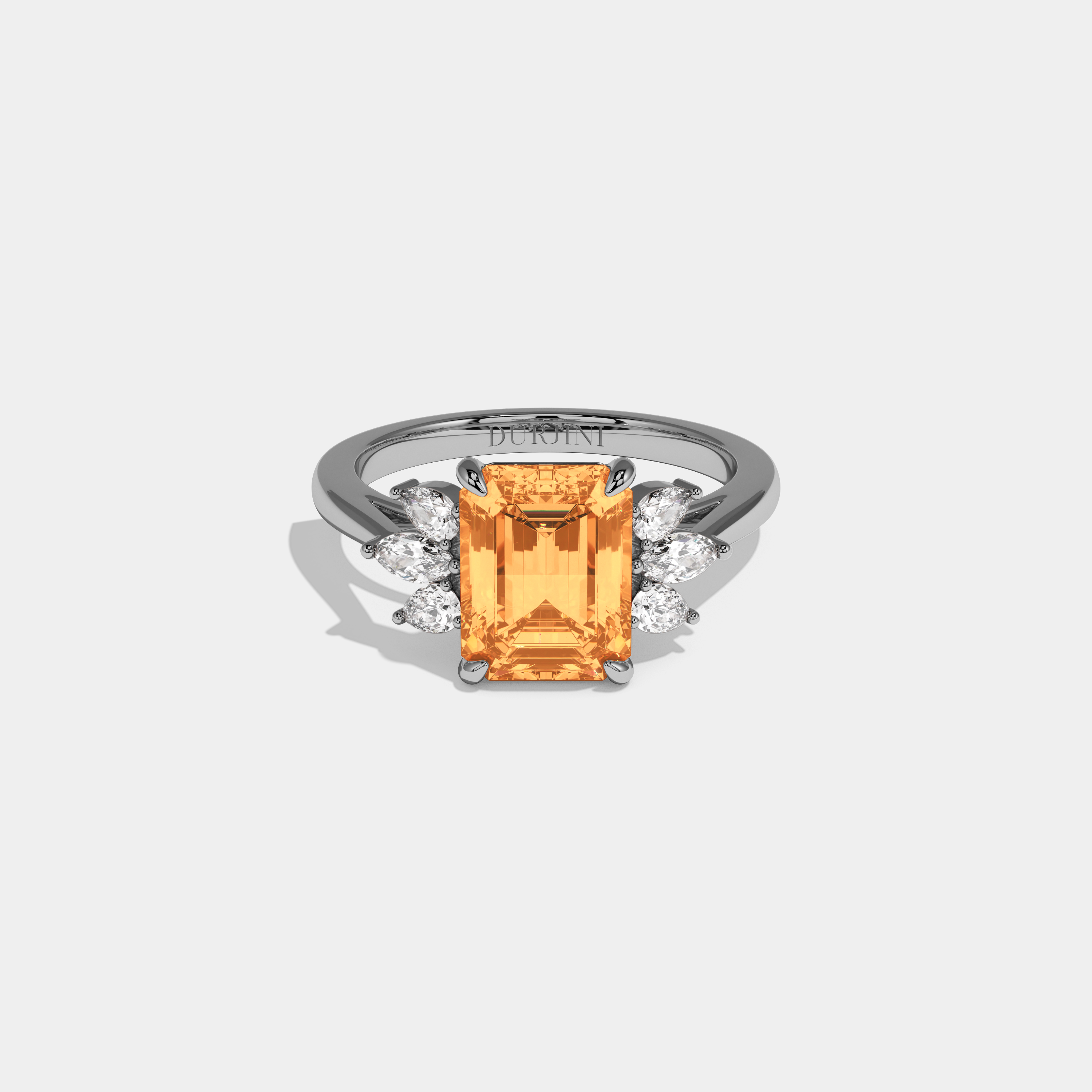 Helena Fancy Orange Emerald Cut Diamond Plain Band With Marquise Cut Sides Engagement Ring 6ct 18K White Gold