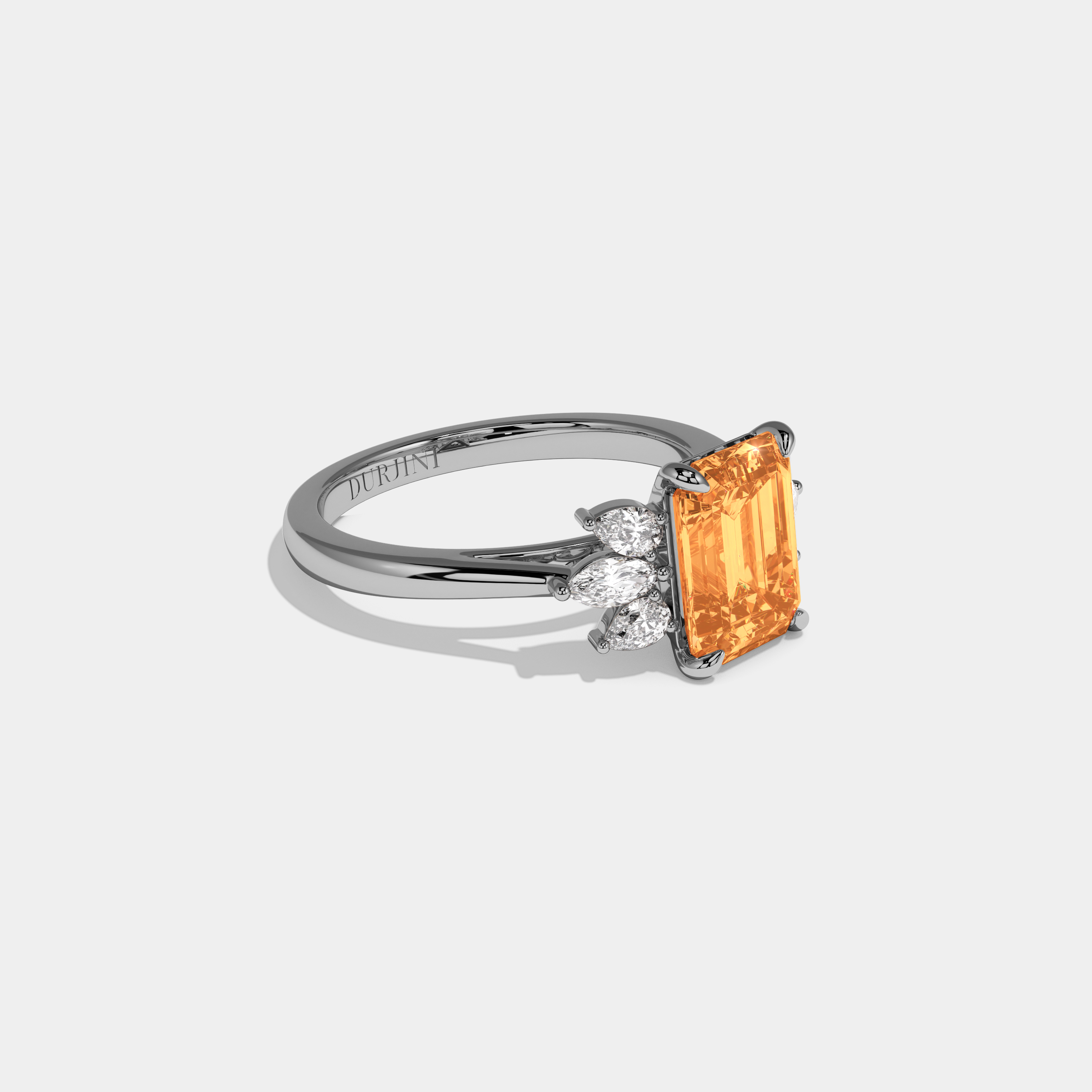 Helena Fancy Orange Emerald Cut Diamond Plain Band With Marquise Cut Sides Engagement Ring 6ct 18K White Gold
