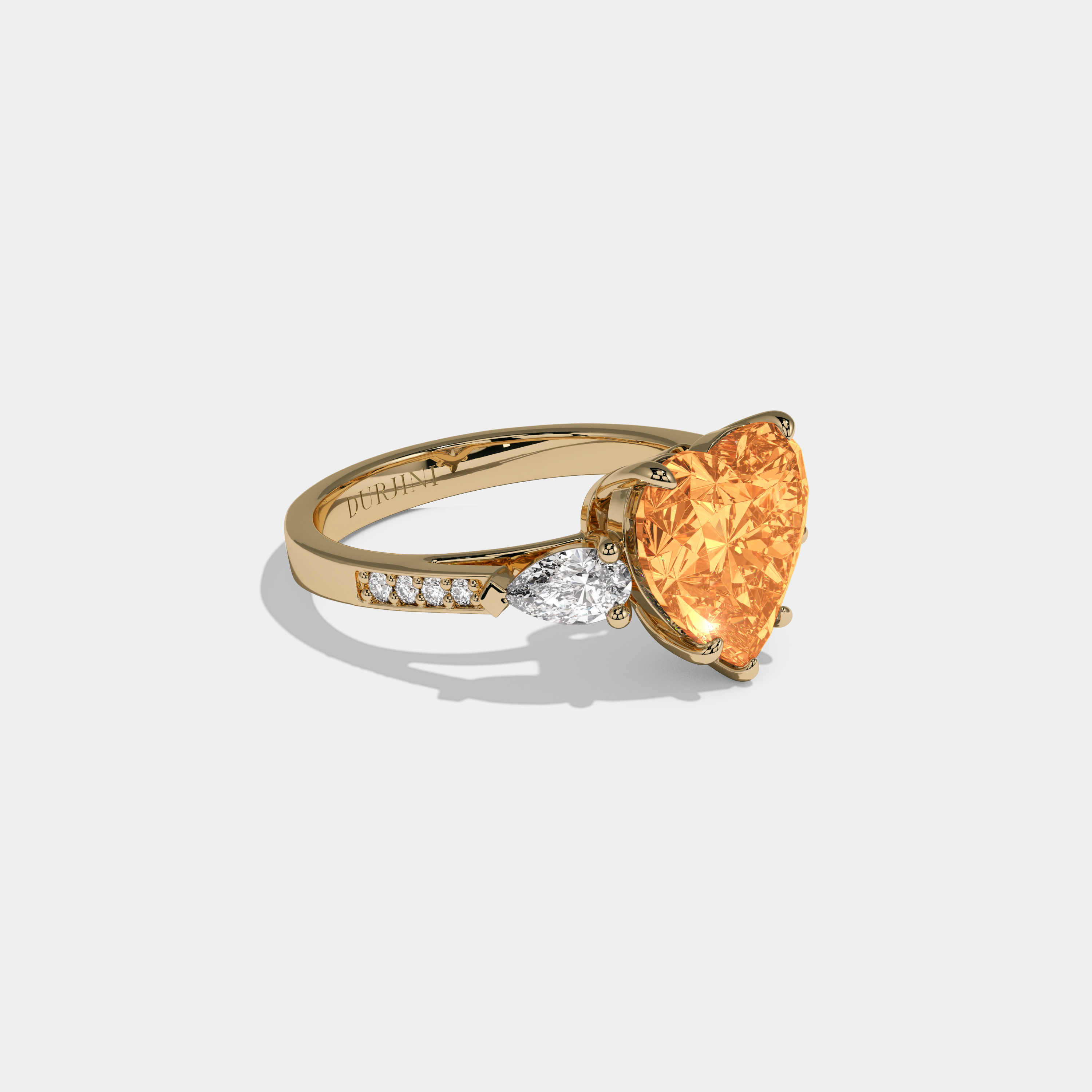 Elizabeth Fancy Orange Heart Brilliant Cut Diamond Band With Pear Sides Engagement Ring 7ct 18K Yellow Gold