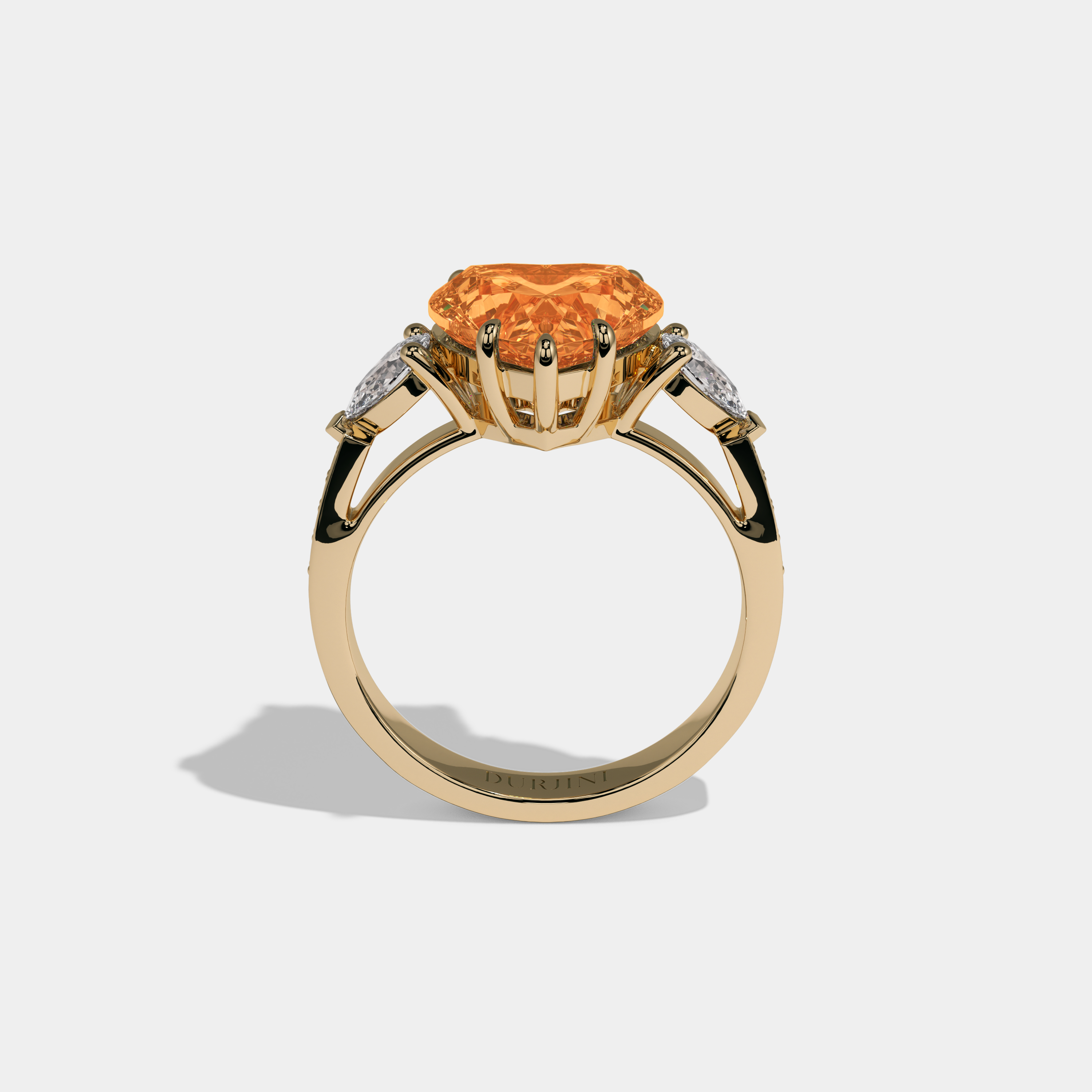 Elizabeth Fancy Orange Heart Brilliant Cut Diamond Band With Pear Sides Engagement Ring 7ct 18K Yellow Gold