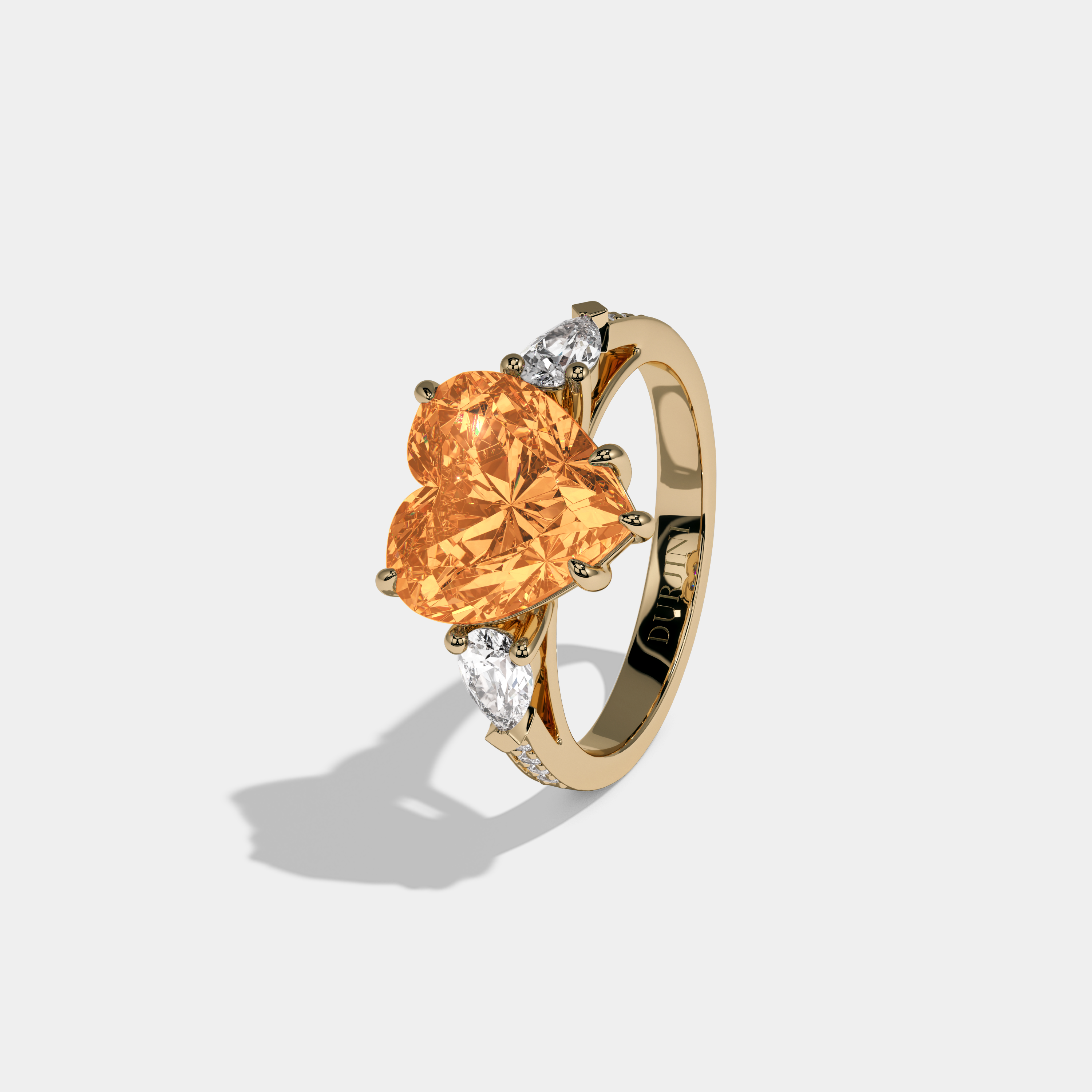 Elizabeth Fancy Orange Heart Brilliant Cut Diamond Band With Pear Sides Engagement Ring 7ct 18K Yellow Gold