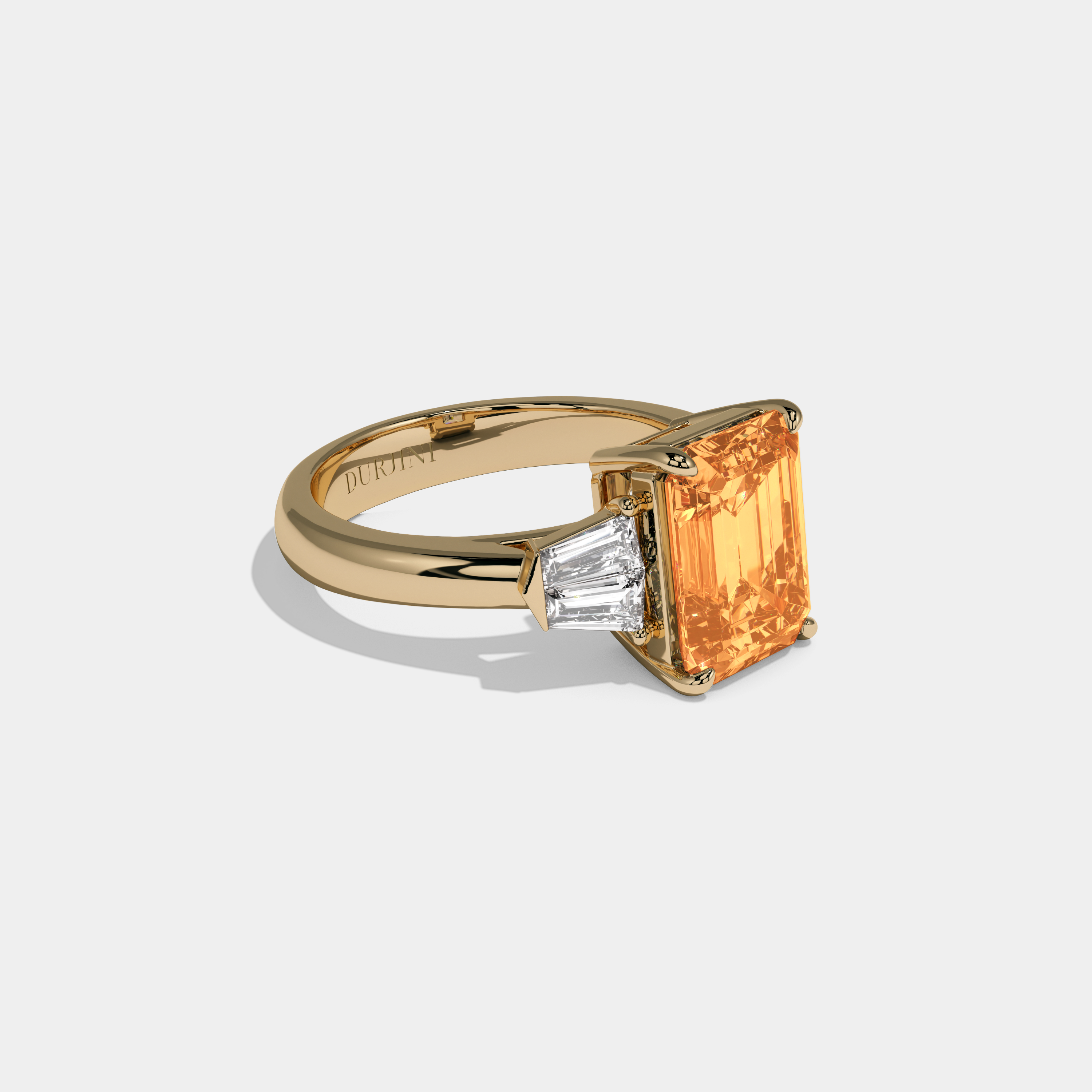 Elizabeth Fancy Orange Emerald Cut Diamond Plain Band With Baguette Sides Engagement Ring 6ct 18K Yellow Gold