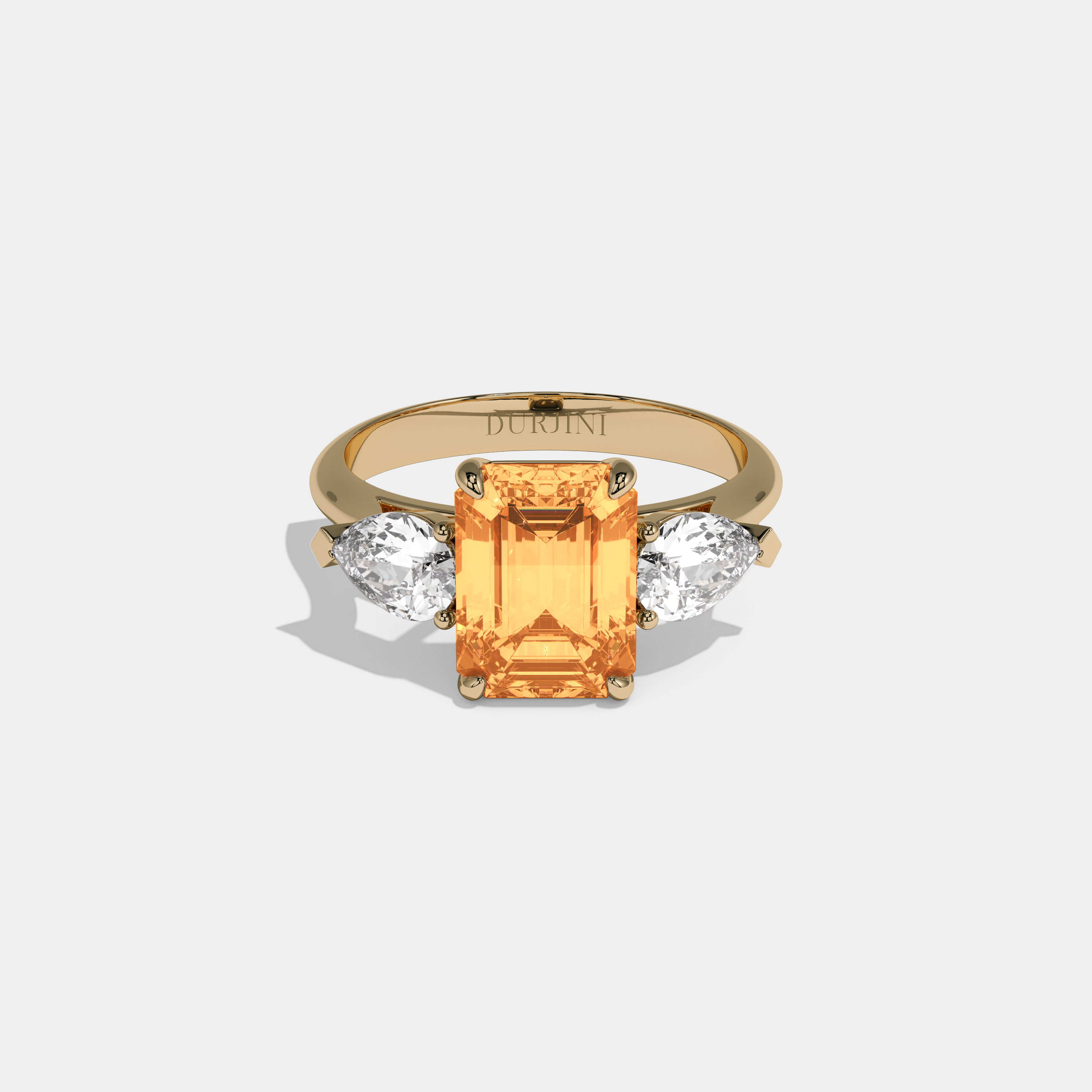 Valentina Fancy Orange Emerald Cut Diamond Plain Band With Pear Cut Sides Engagement Ring 6ct 18K Yellow Gold