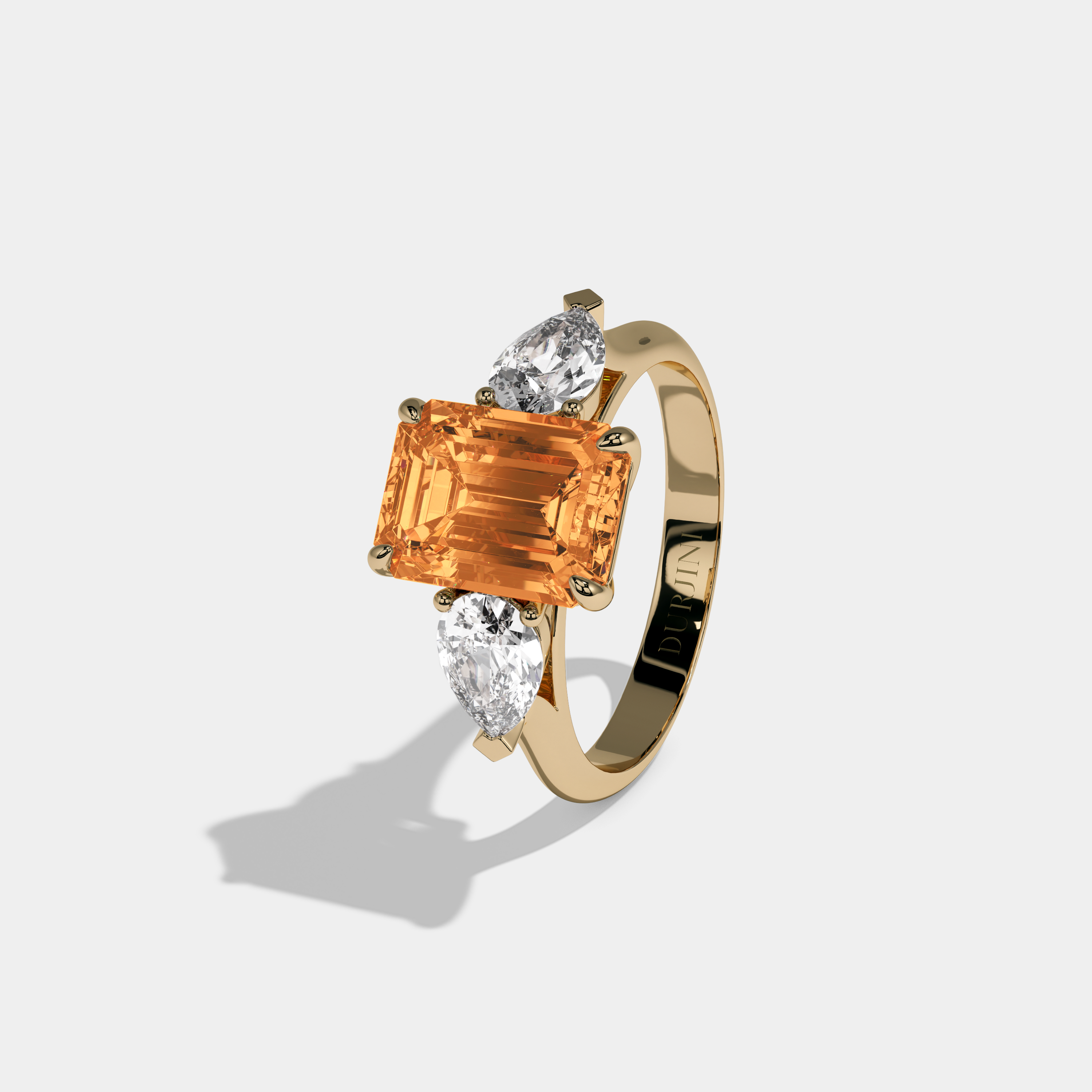 Valentina Fancy Orange Emerald Cut Diamond Plain Band With Pear Cut Sides Engagement Ring 6ct 18K Yellow Gold