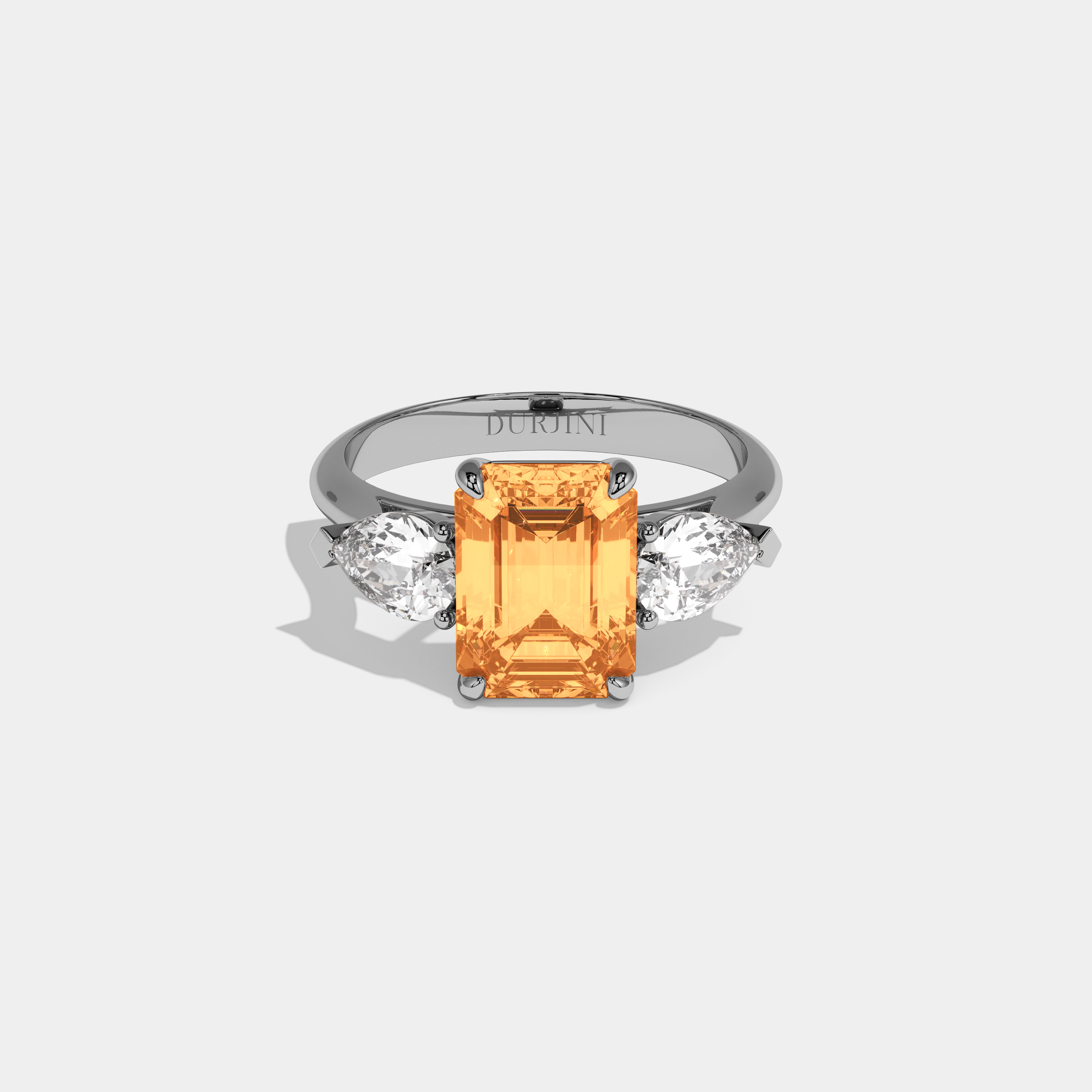 Imogene Fancy Orange Emerald Cut Diamond Plain Band With Pear Cut Sides Engagement Ring 6ct 18K White Gold