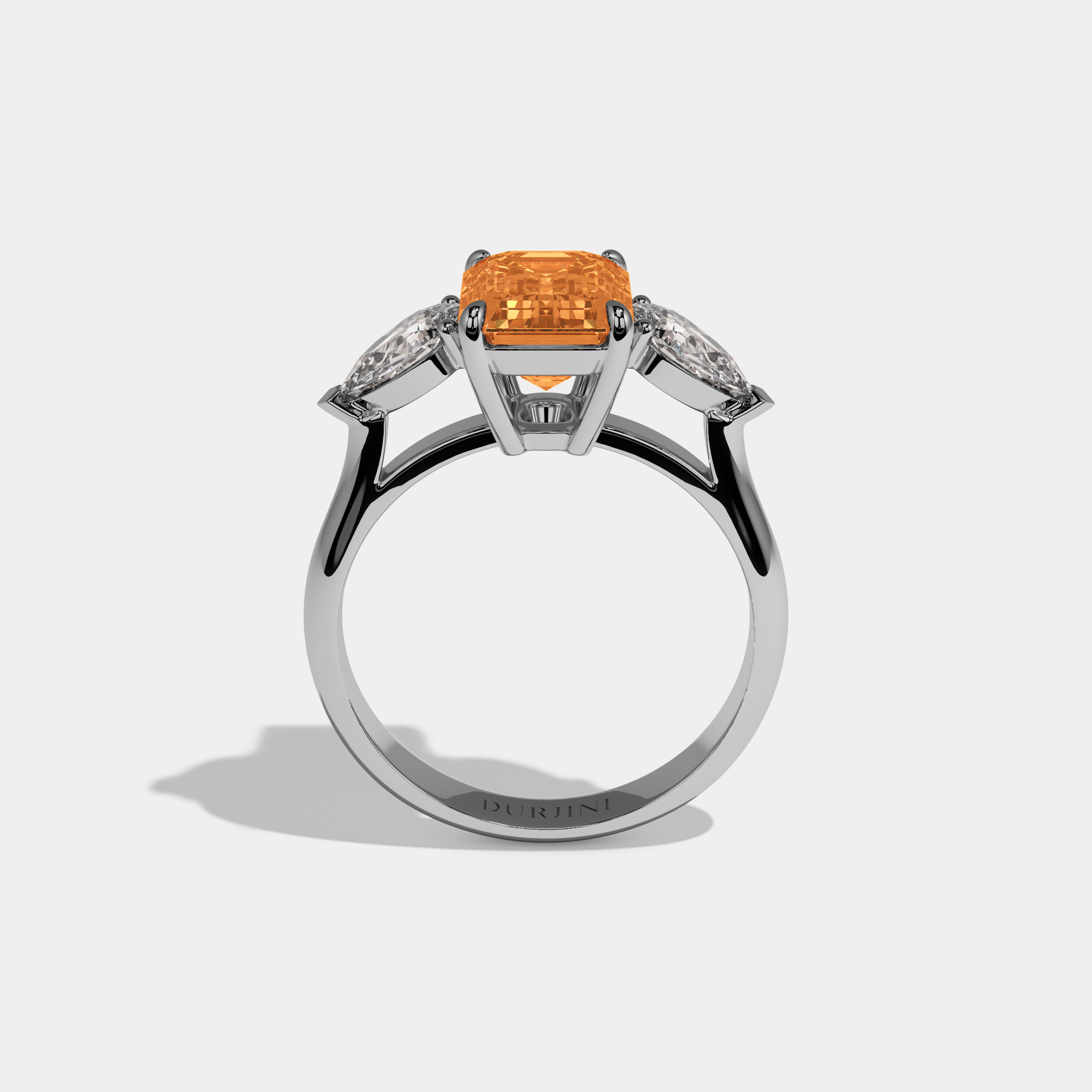 Imogene Fancy Orange Emerald Cut Diamond Plain Band With Pear Cut Sides Engagement Ring 6ct 18K White Gold