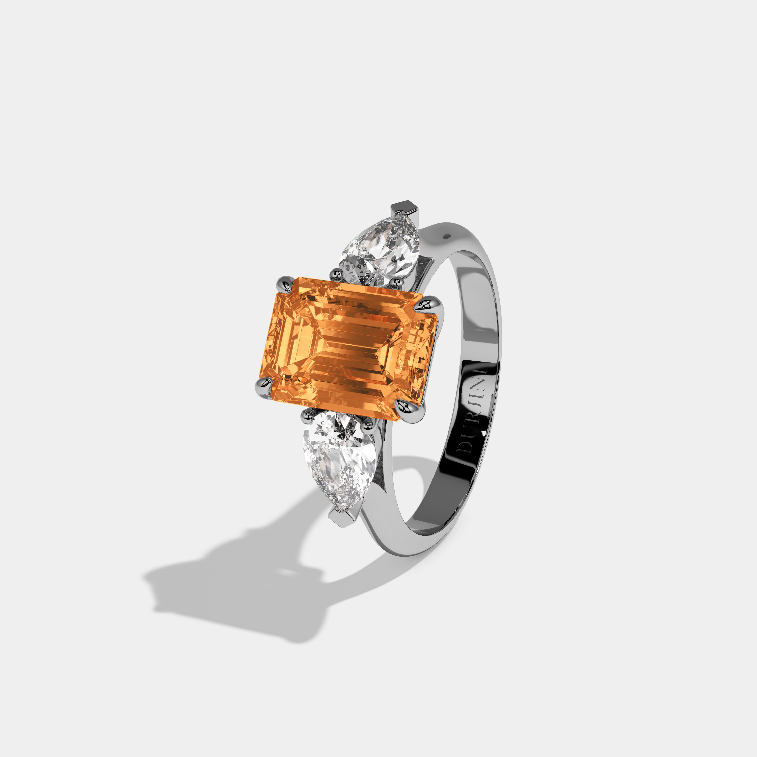 Imogene Fancy Orange Emerald Cut Diamond Plain Band With Pear Cut Sides Engagement Ring 6ct 18K White Gold