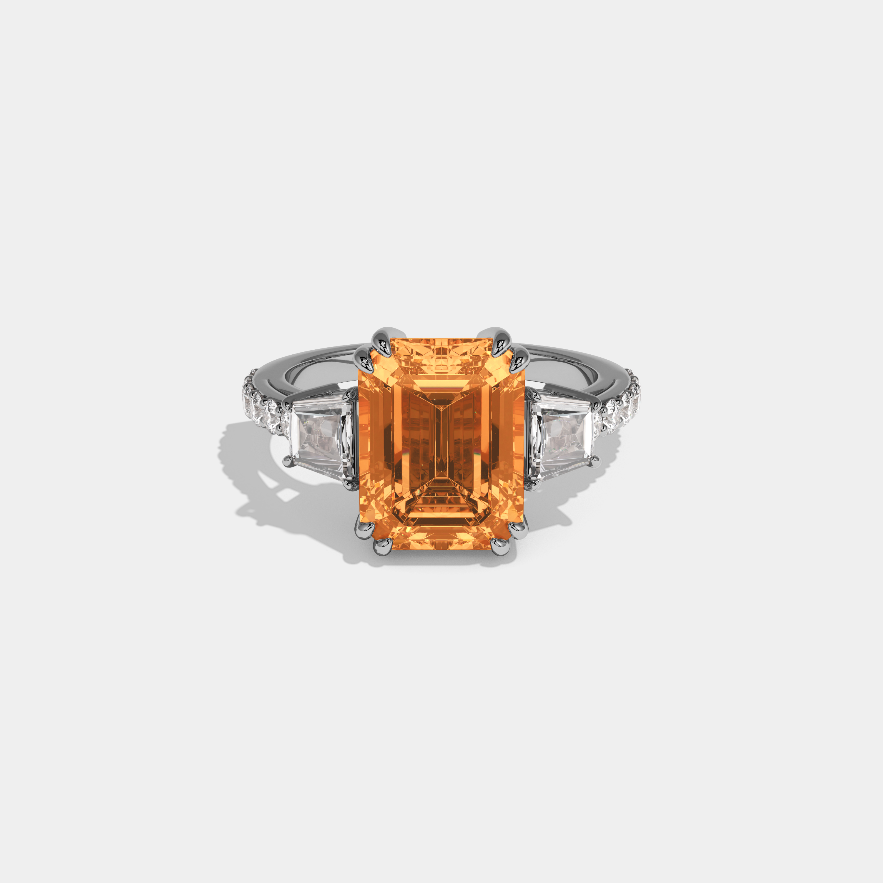 Caroline Fancy Orange Emerald Cut Diamond Band With Step Cut Sides Engagement Ring 7ct 18K White Gold