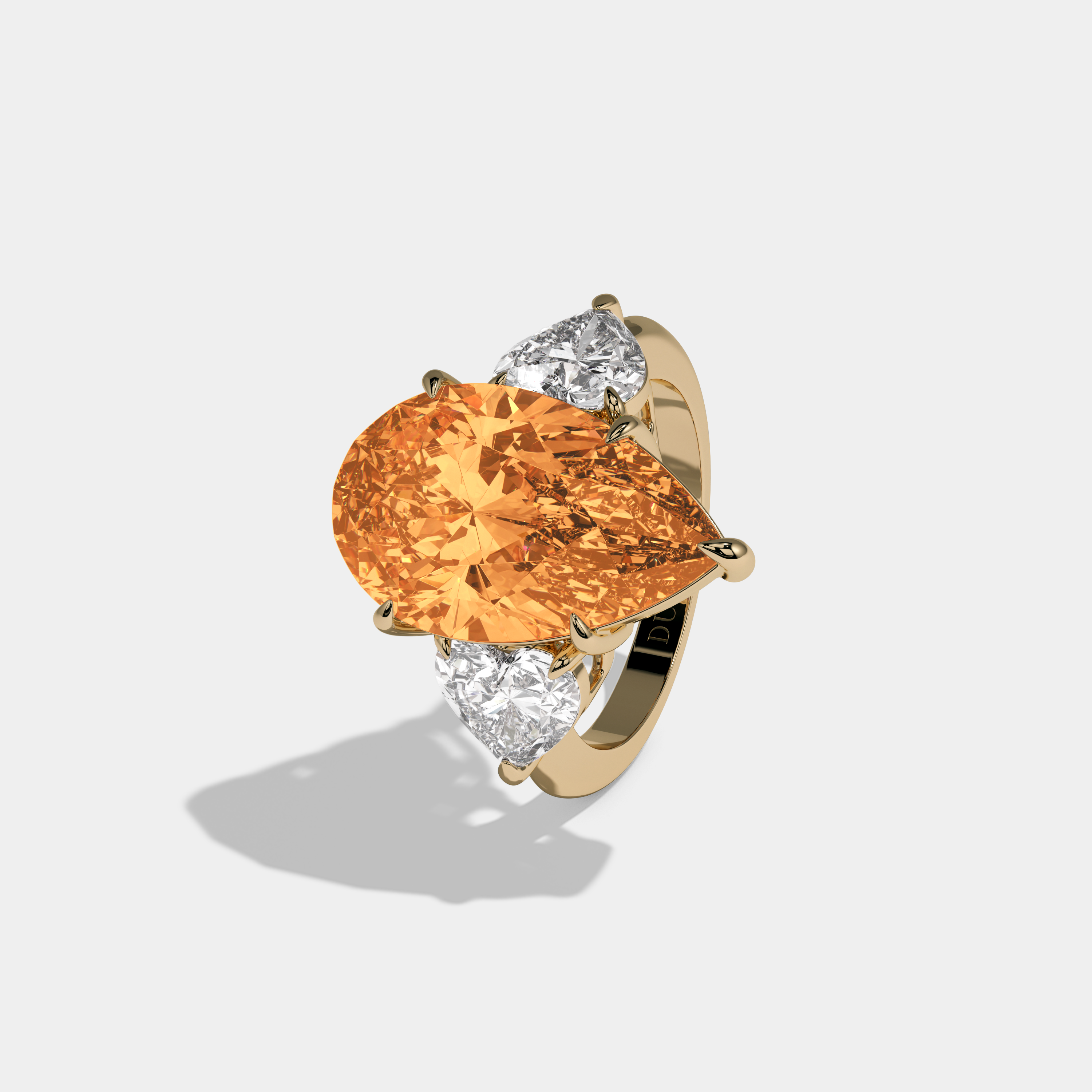 Matilda Fancy Orange Pear Cut Diamond Plain Band With Heart Cut Sides Engagement Ring 6ct 18K Yellow Gold