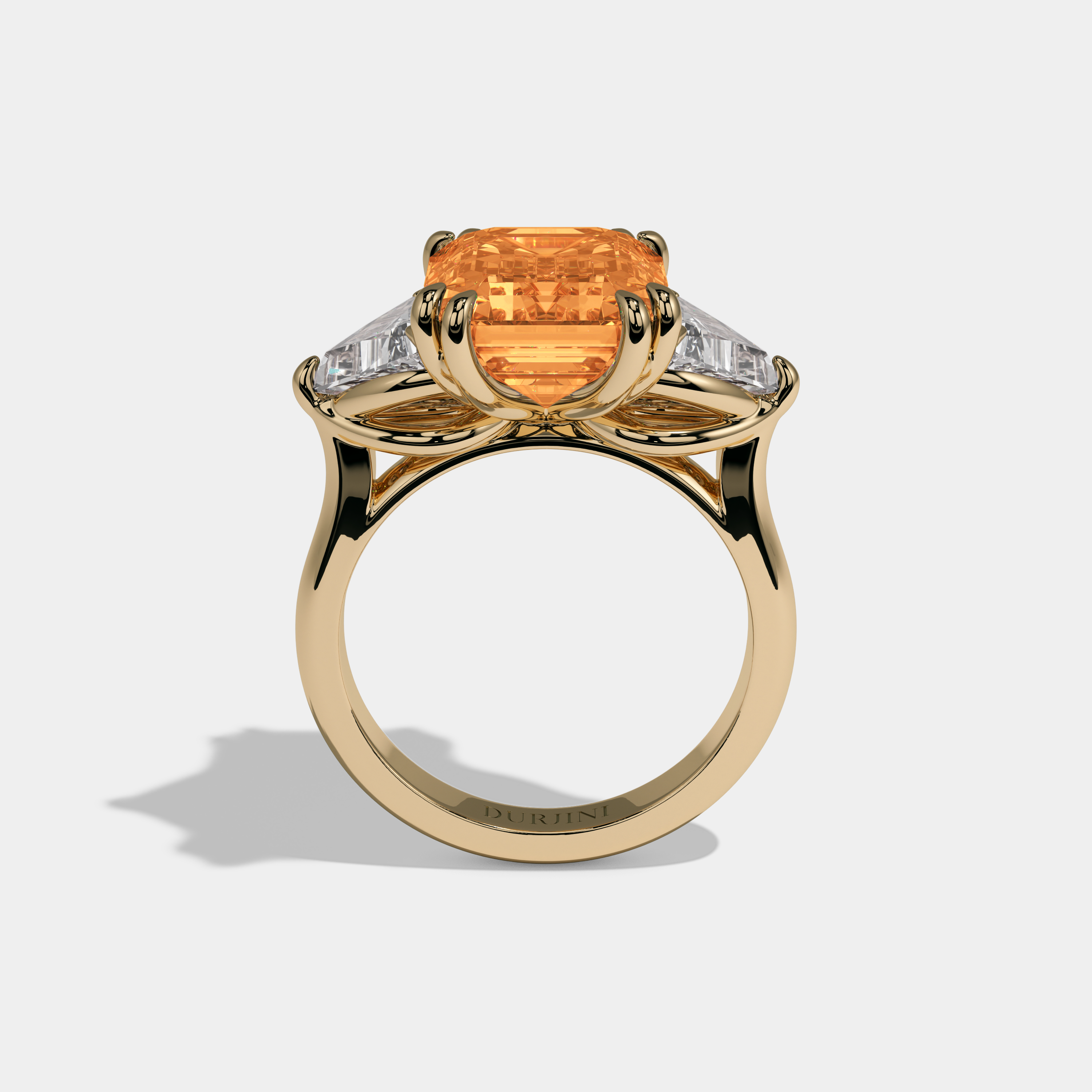 Isabella Fancy Orange Emerald Cut Diamond Plain Band With Triangle Cuts Engagement Ring 6.5ct 18K Yellow Gold