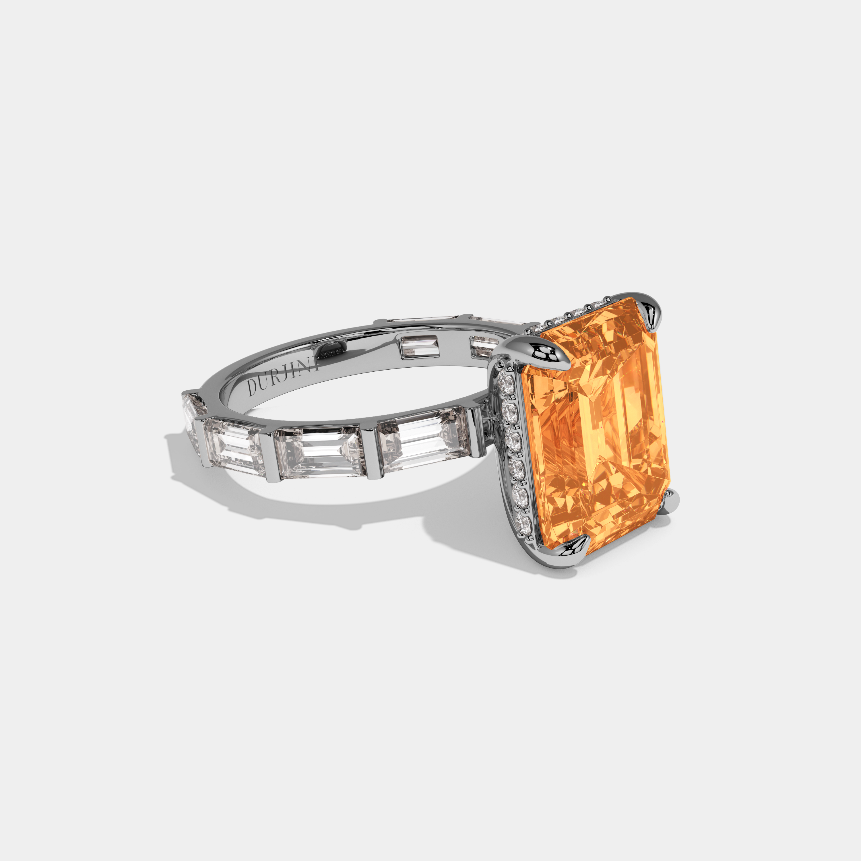 Catherine Fancy Orange Emerald Cut Diamond Emerald Band Engagement Ring 7ct 18K White Gold