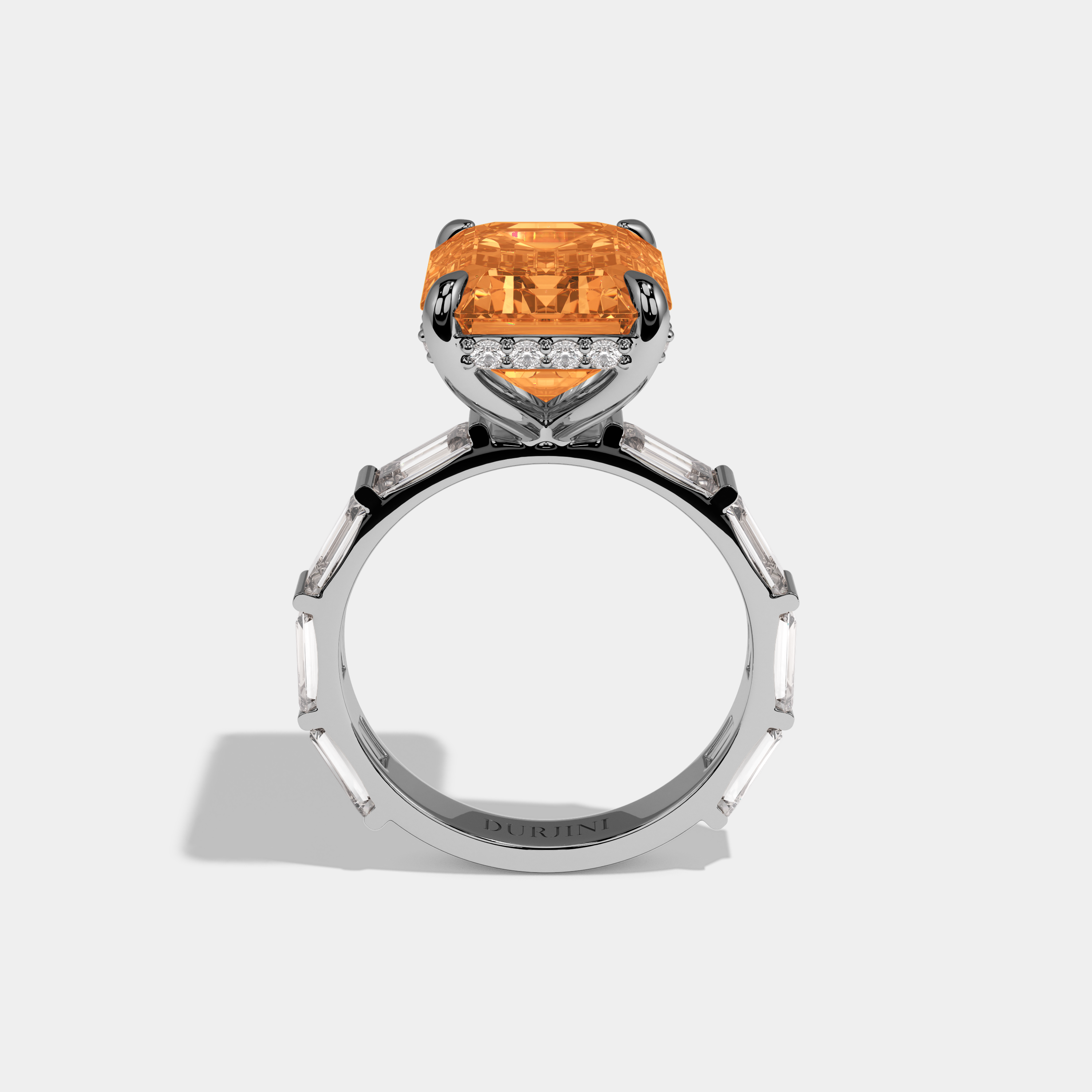 Catherine Fancy Orange Emerald Cut Diamond Emerald Band Engagement Ring 7ct 18K White Gold