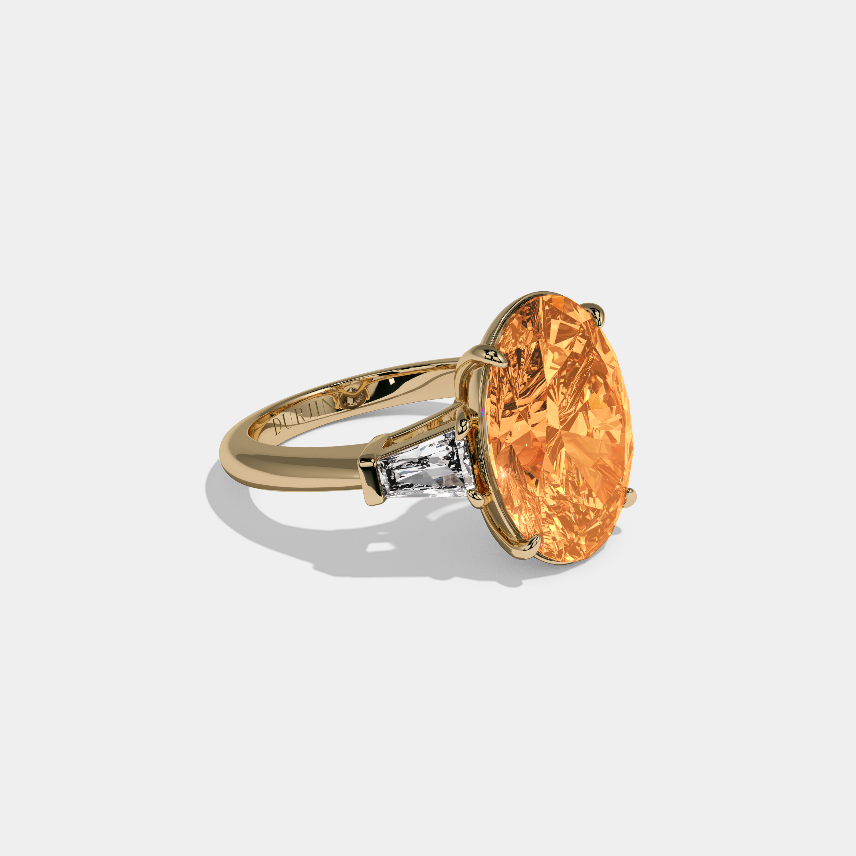 Isabella Fancy Orange Oval Cut Diamond Plain Band With Tapered Baguette Cut Sides Engagement Ring 8ct 18K Yellow Gold