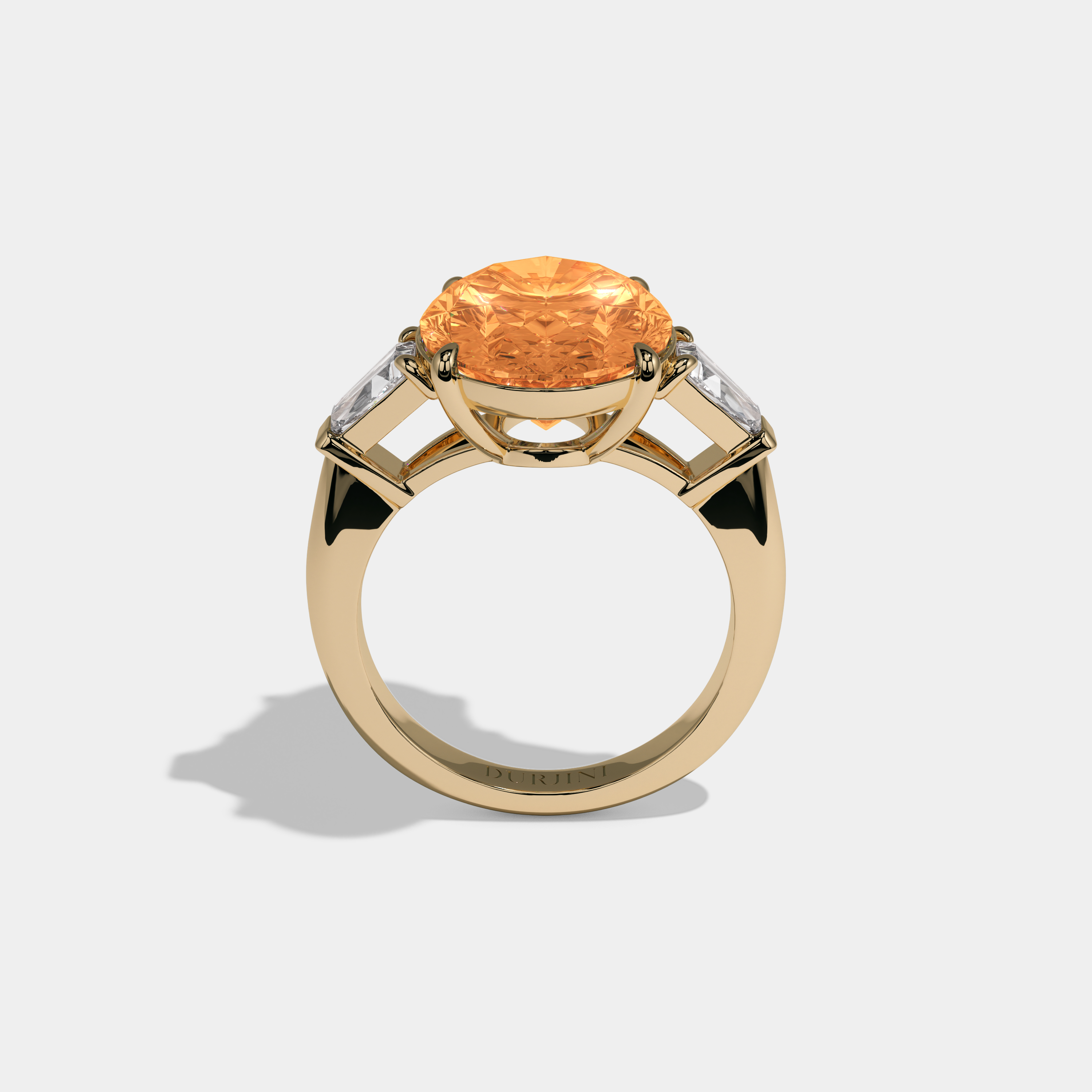 Isabella Fancy Orange Oval Cut Diamond Plain Band With Tapered Baguette Cut Sides Engagement Ring 8ct 18K Yellow Gold