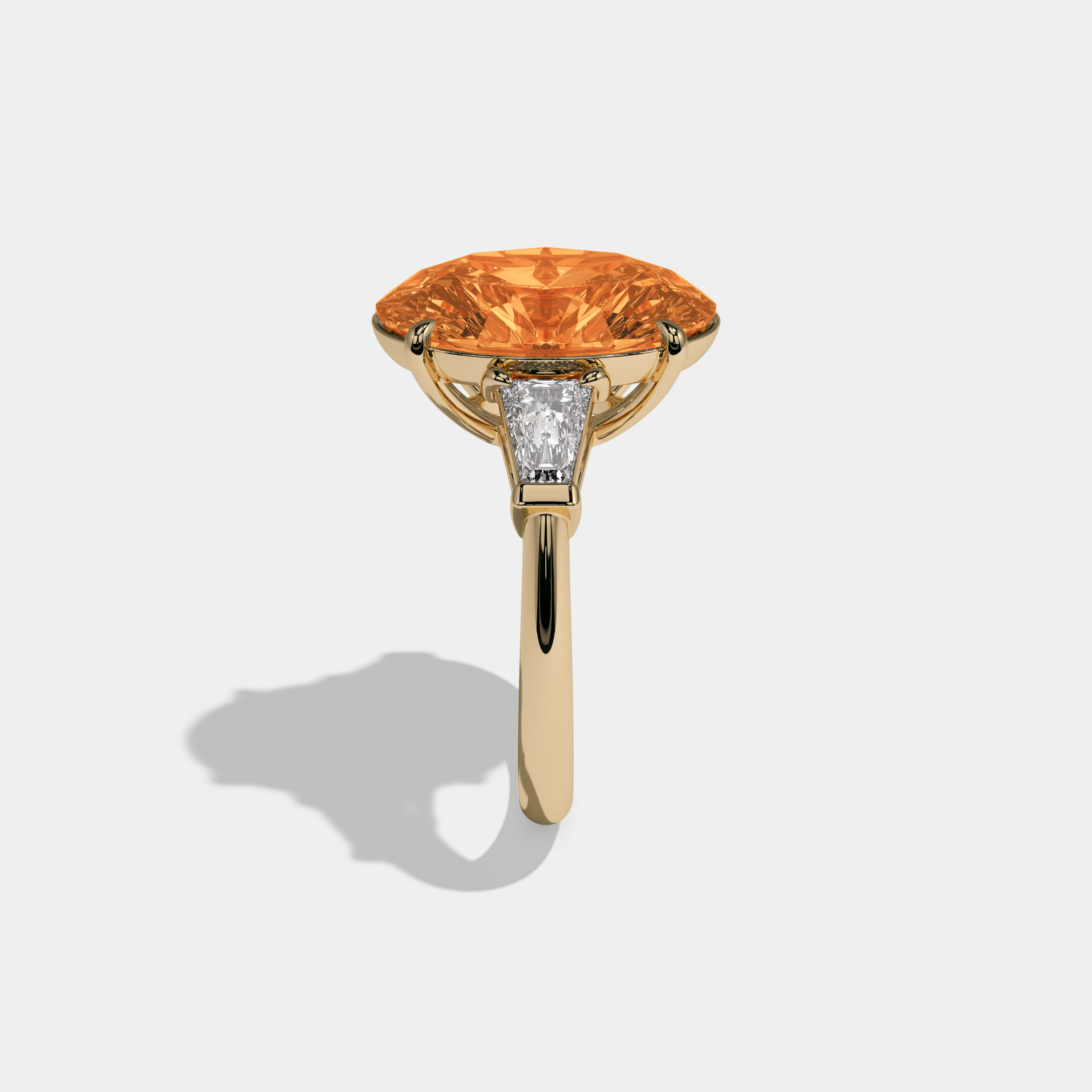 Isabella Fancy Orange Oval Cut Diamond Plain Band With Tapered Baguette Cut Sides Engagement Ring 8ct 18K Yellow Gold