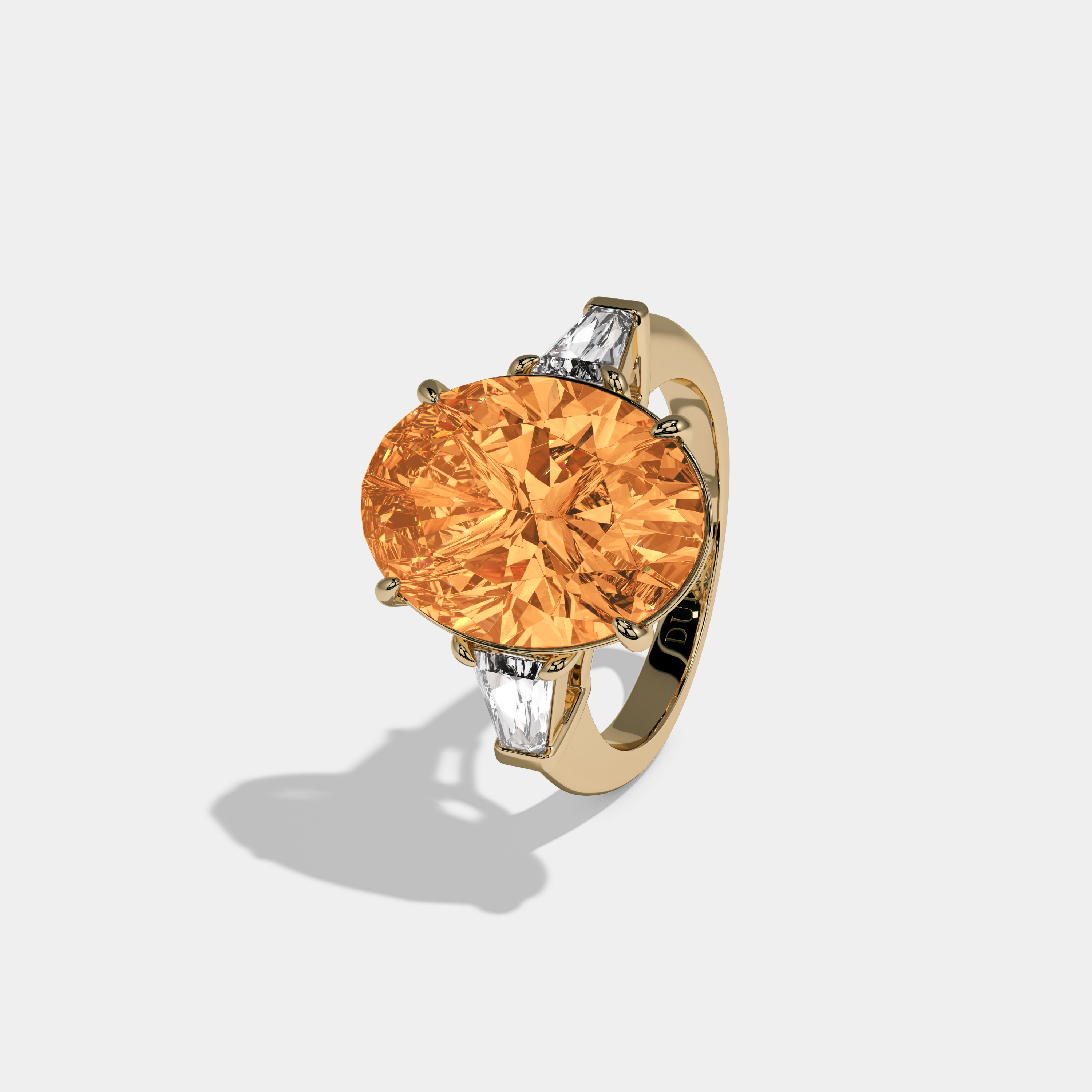 Isabella Fancy Orange Oval Cut Diamond Plain Band With Tapered Baguette Cut Sides Engagement Ring 8ct 18K Yellow Gold