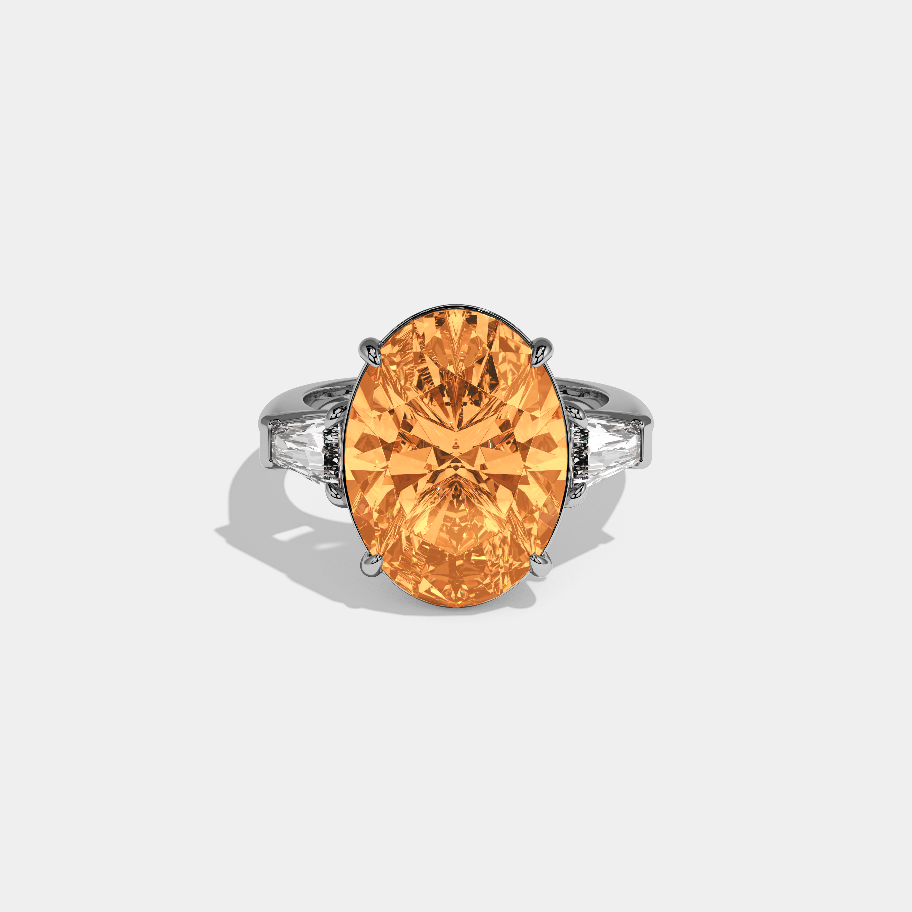 Catherine Fancy Orange Oval Cut Diamond Plain Band With Tapered Baguette Cut Sides Engagement Ring 8ct 18K White Gold
