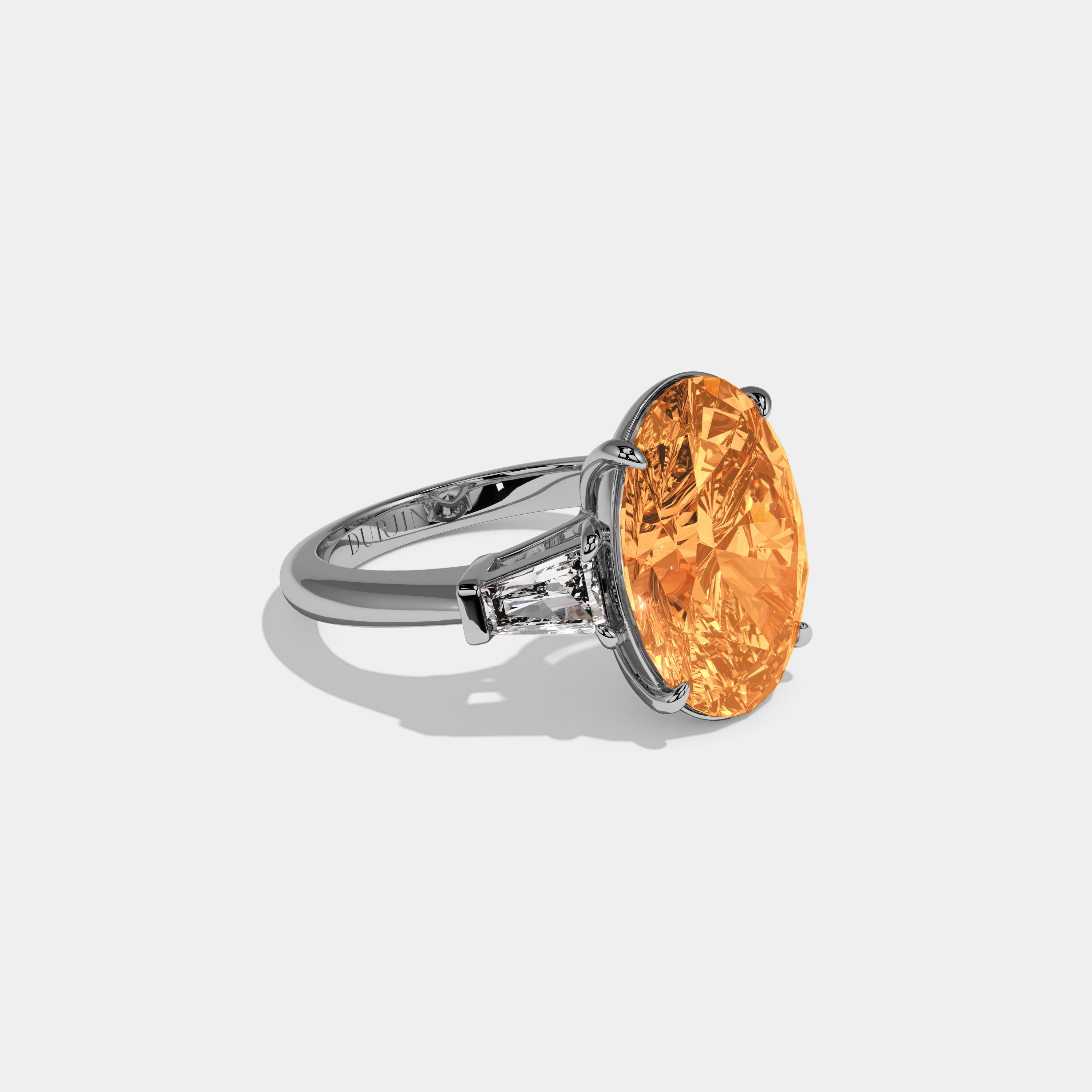 Catherine Fancy Orange Oval Cut Diamond Plain Band With Tapered Baguette Cut Sides Engagement Ring 8ct 18K White Gold