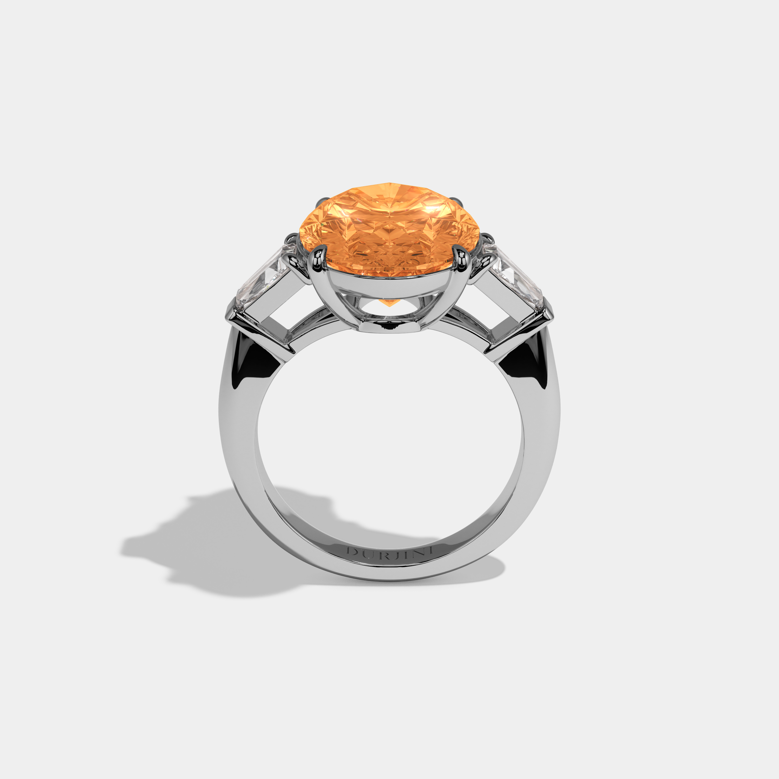 Catherine Fancy Orange Oval Cut Diamond Plain Band With Tapered Baguette Cut Sides Engagement Ring 8ct 18K White Gold