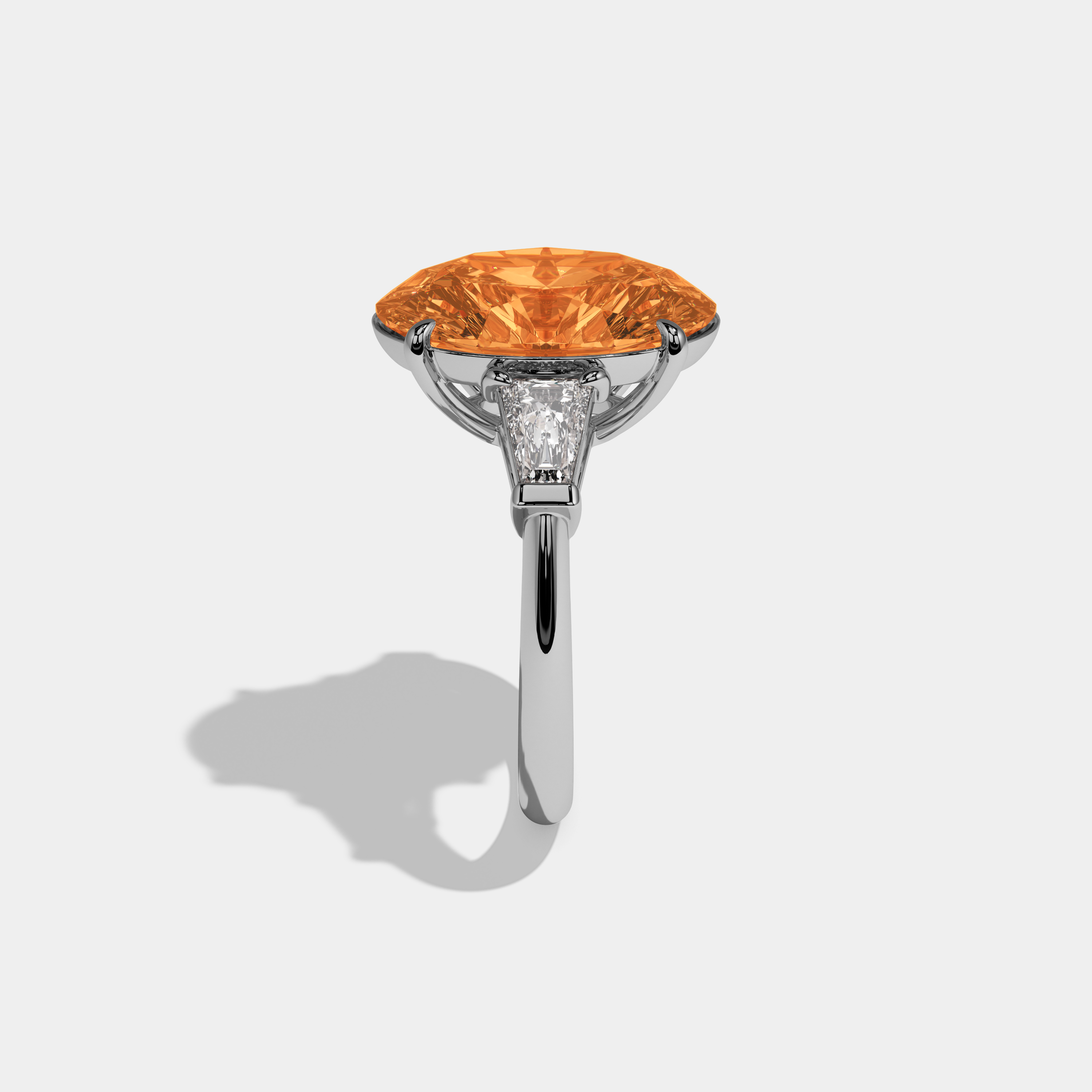 Catherine Fancy Orange Oval Cut Diamond Plain Band With Tapered Baguette Cut Sides Engagement Ring 8ct 18K White Gold