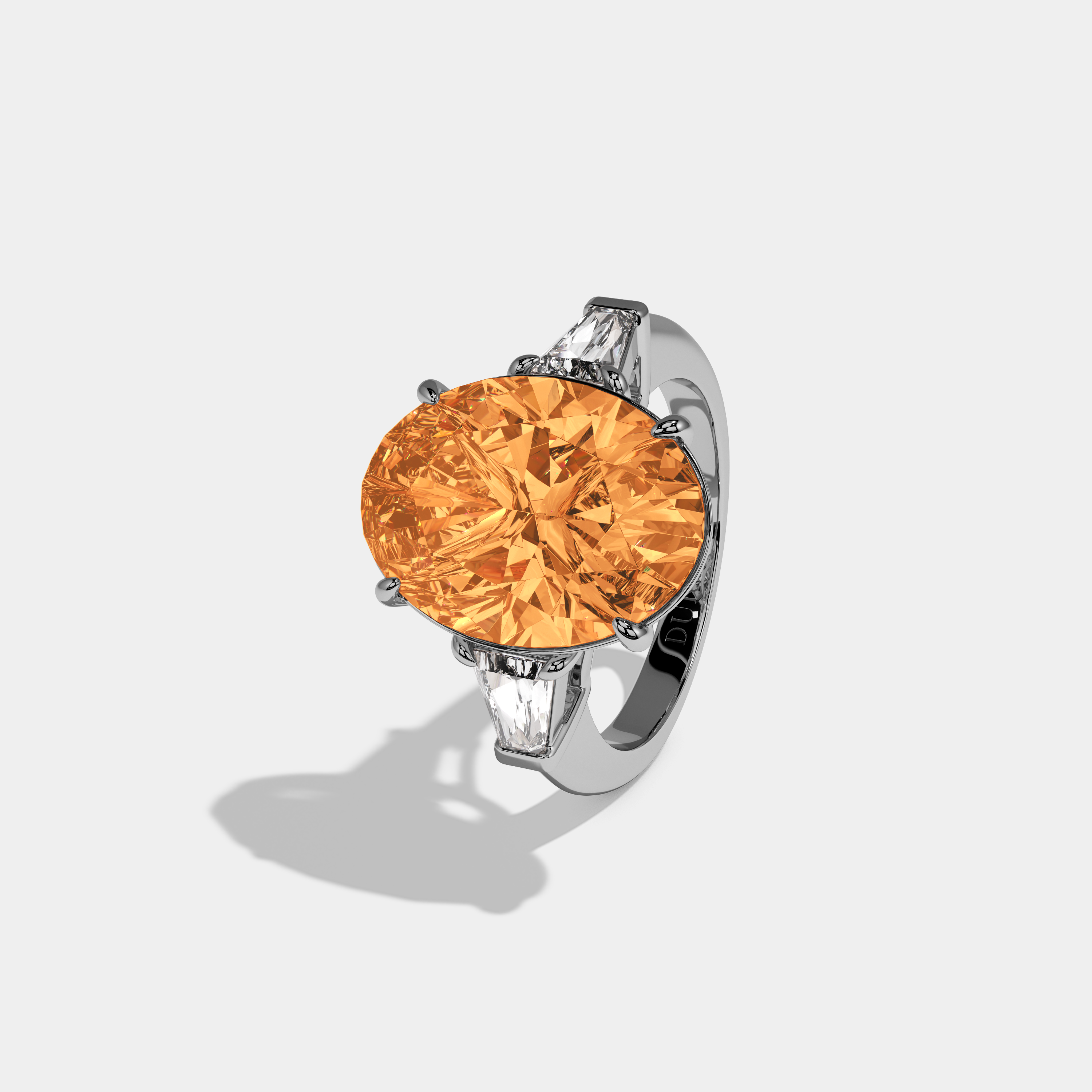Catherine Fancy Orange Oval Cut Diamond Plain Band With Tapered Baguette Cut Sides Engagement Ring 8ct 18K White Gold