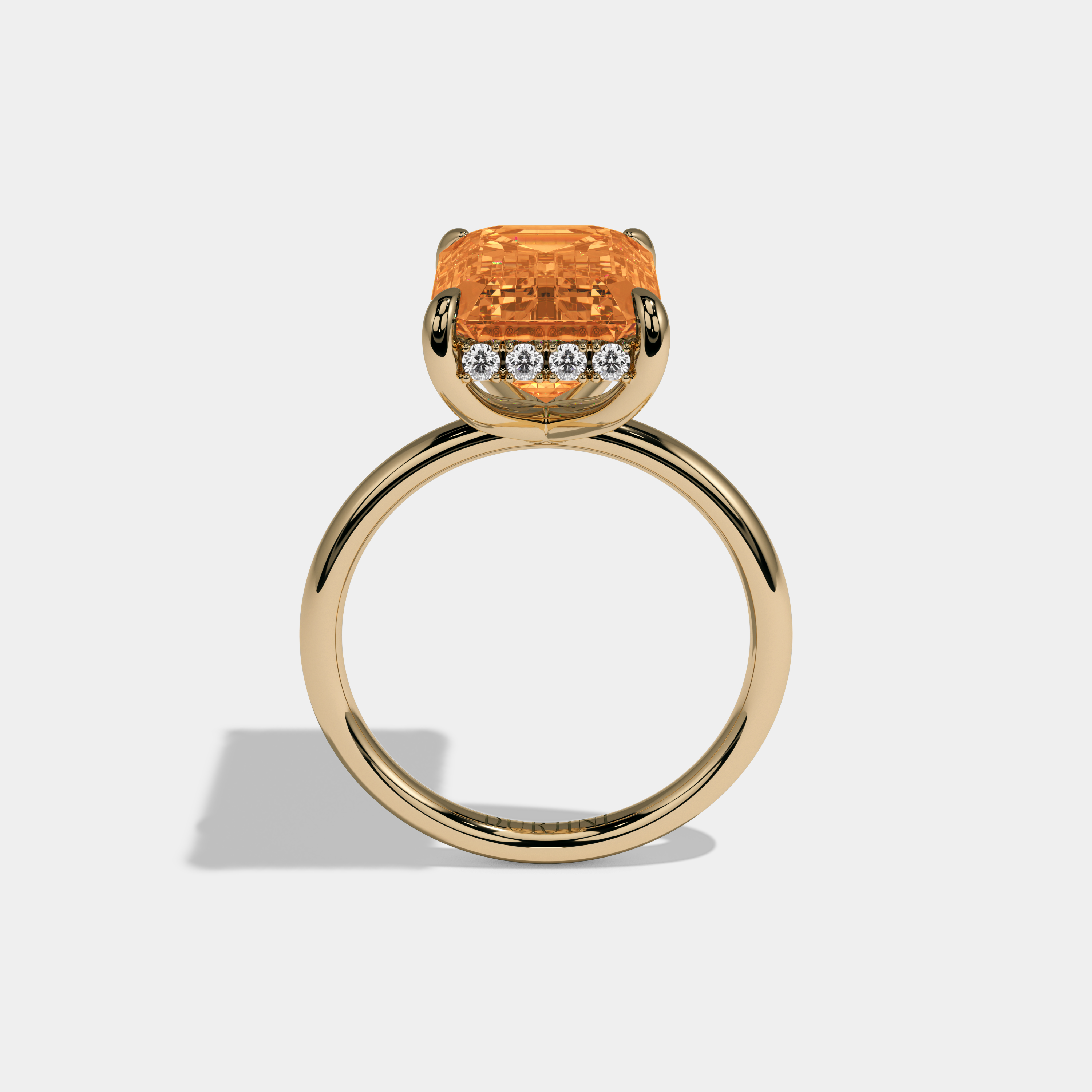 Isabella Fancy Orange Emerald Brilliant Cut Diamond Plain Band With Hidden Halo 6.5ct 18K Yellow Gold