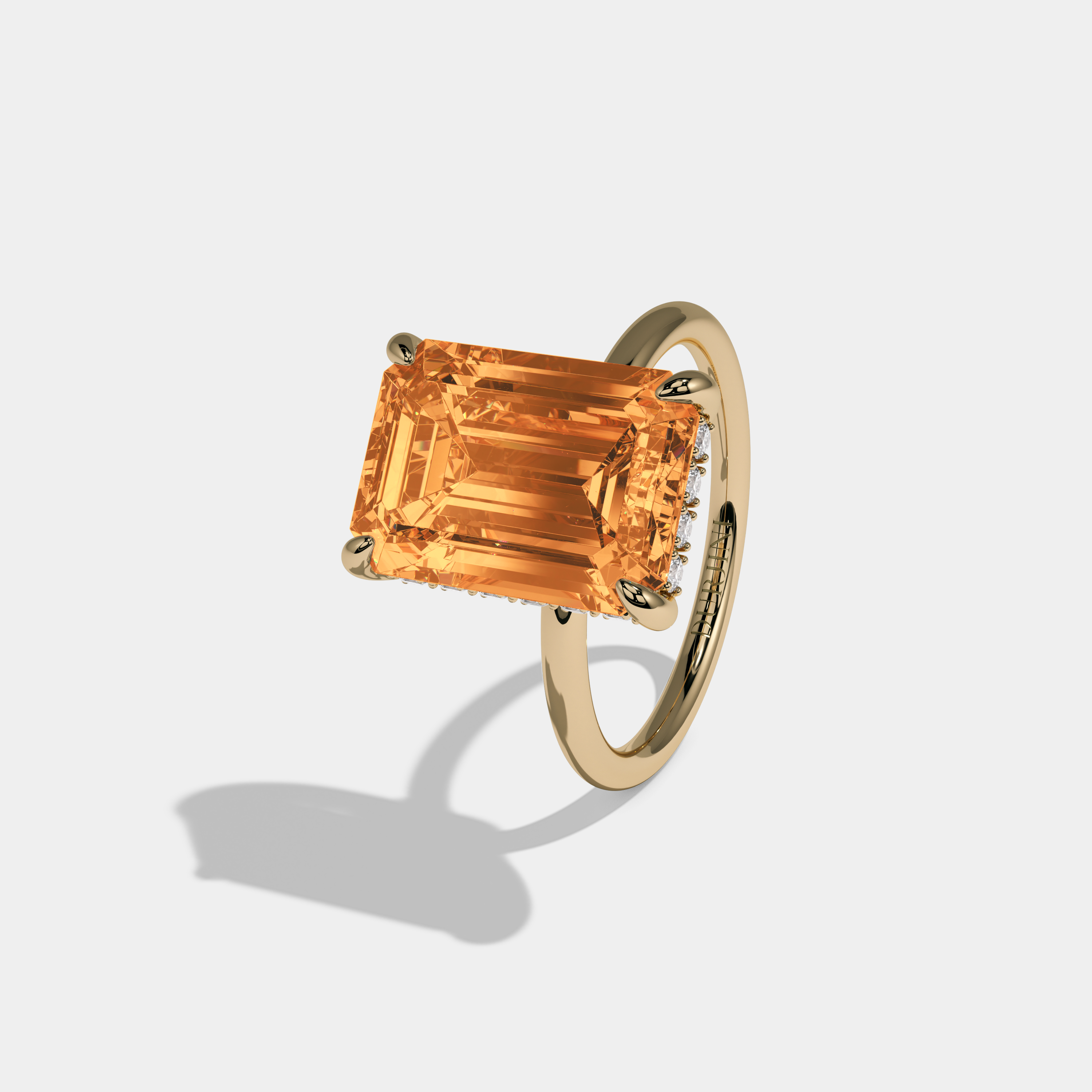 Isabella Fancy Orange Emerald Brilliant Cut Diamond Plain Band With Hidden Halo 6.5ct 18K Yellow Gold