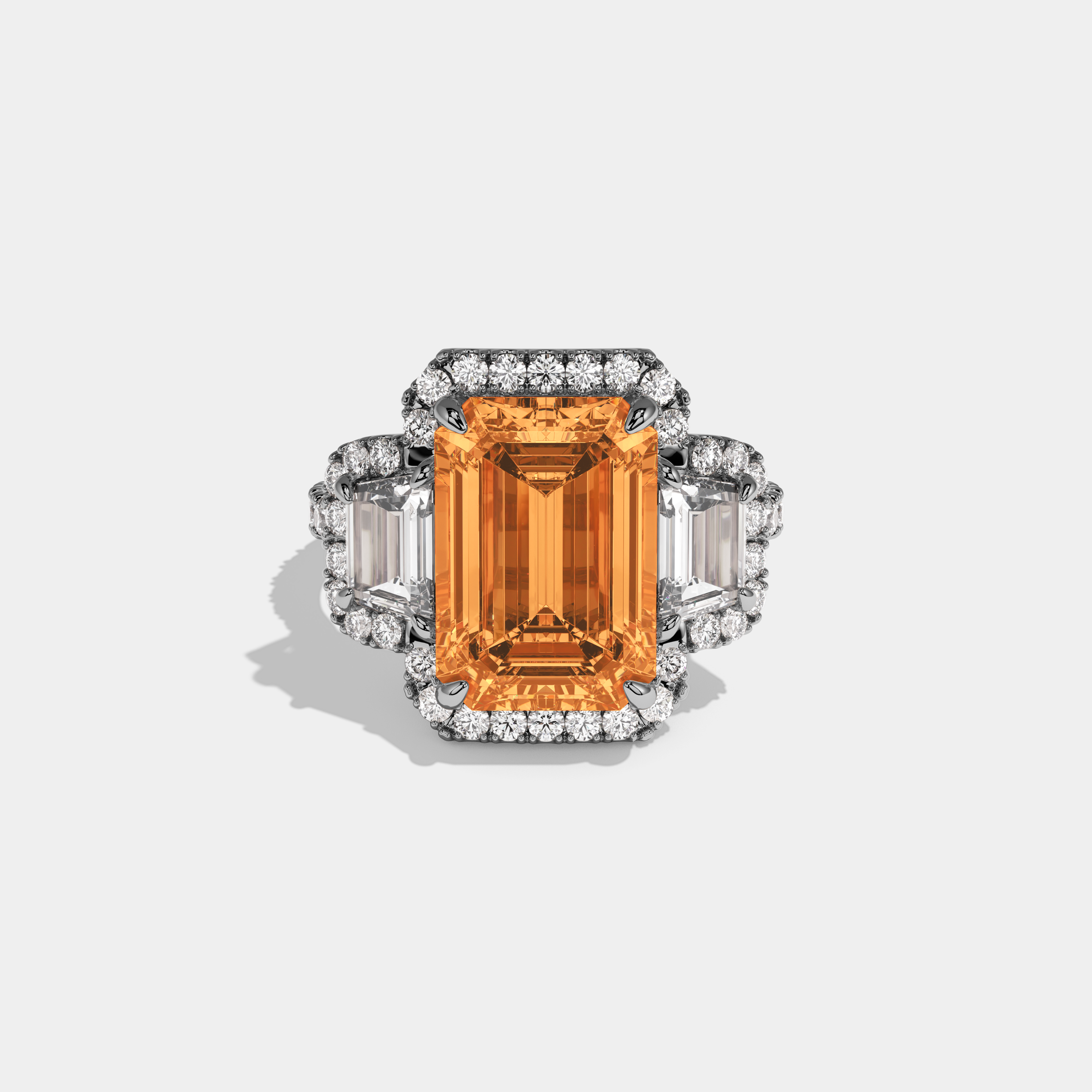 Diana Fancy Orange Emerald Cut Diamond Band With Halo Engagement Ring 8ct 18K White Gold