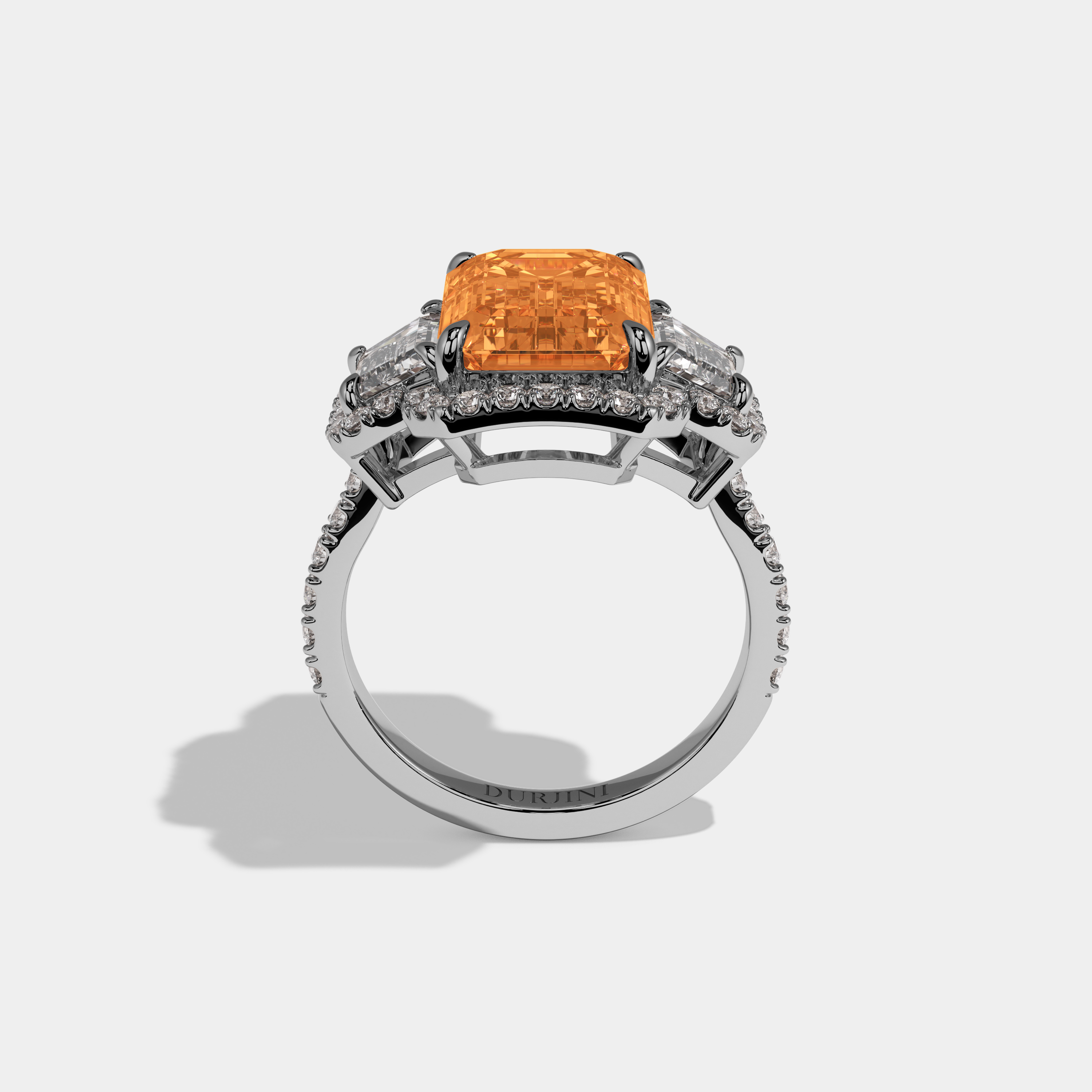 Diana Fancy Orange Emerald Cut Diamond Band With Halo Engagement Ring 8ct 18K White Gold