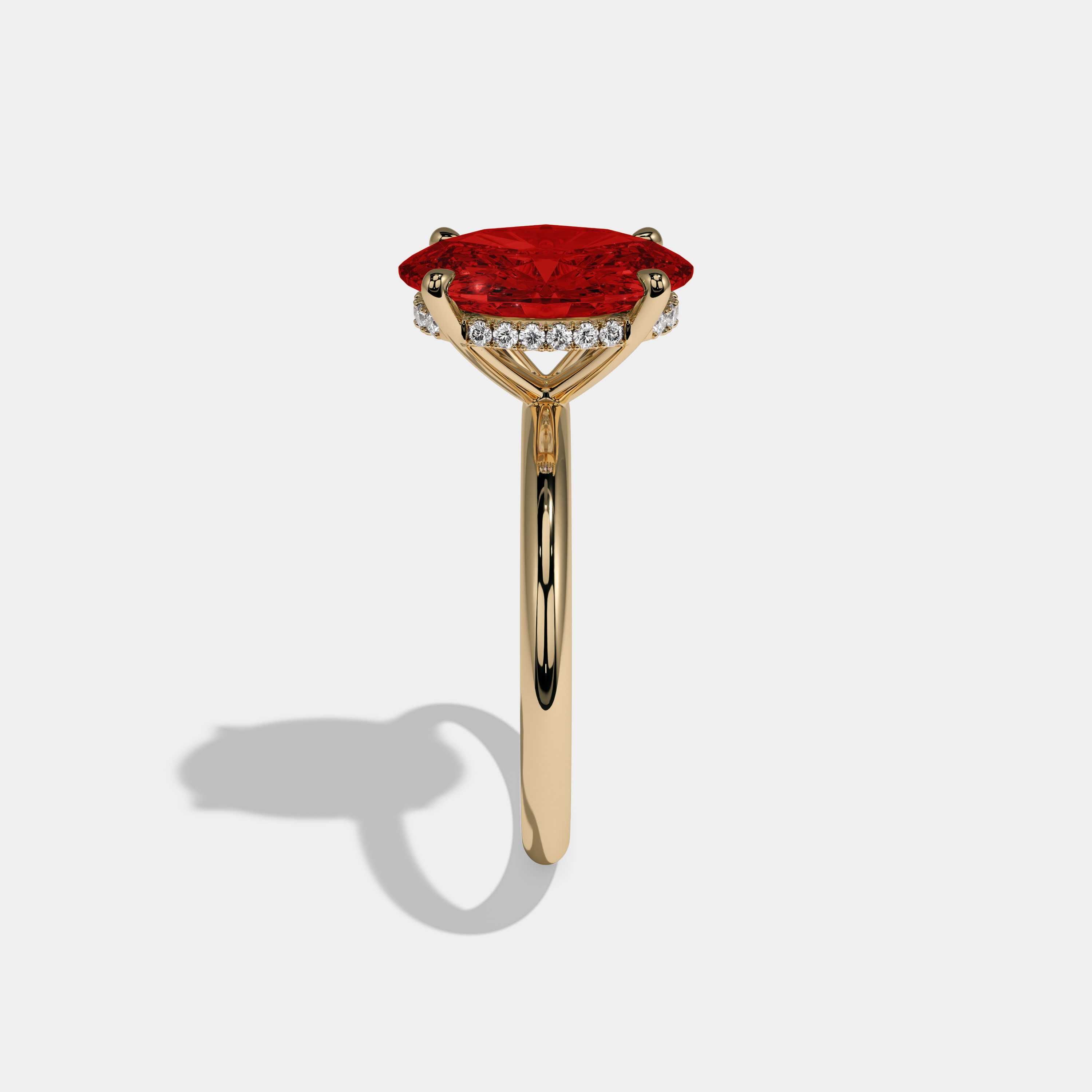 Eleanor Fancy Red Oval Cut Diamond Plain Band Engagement Ring 6.5ct 18K Yellow Gold