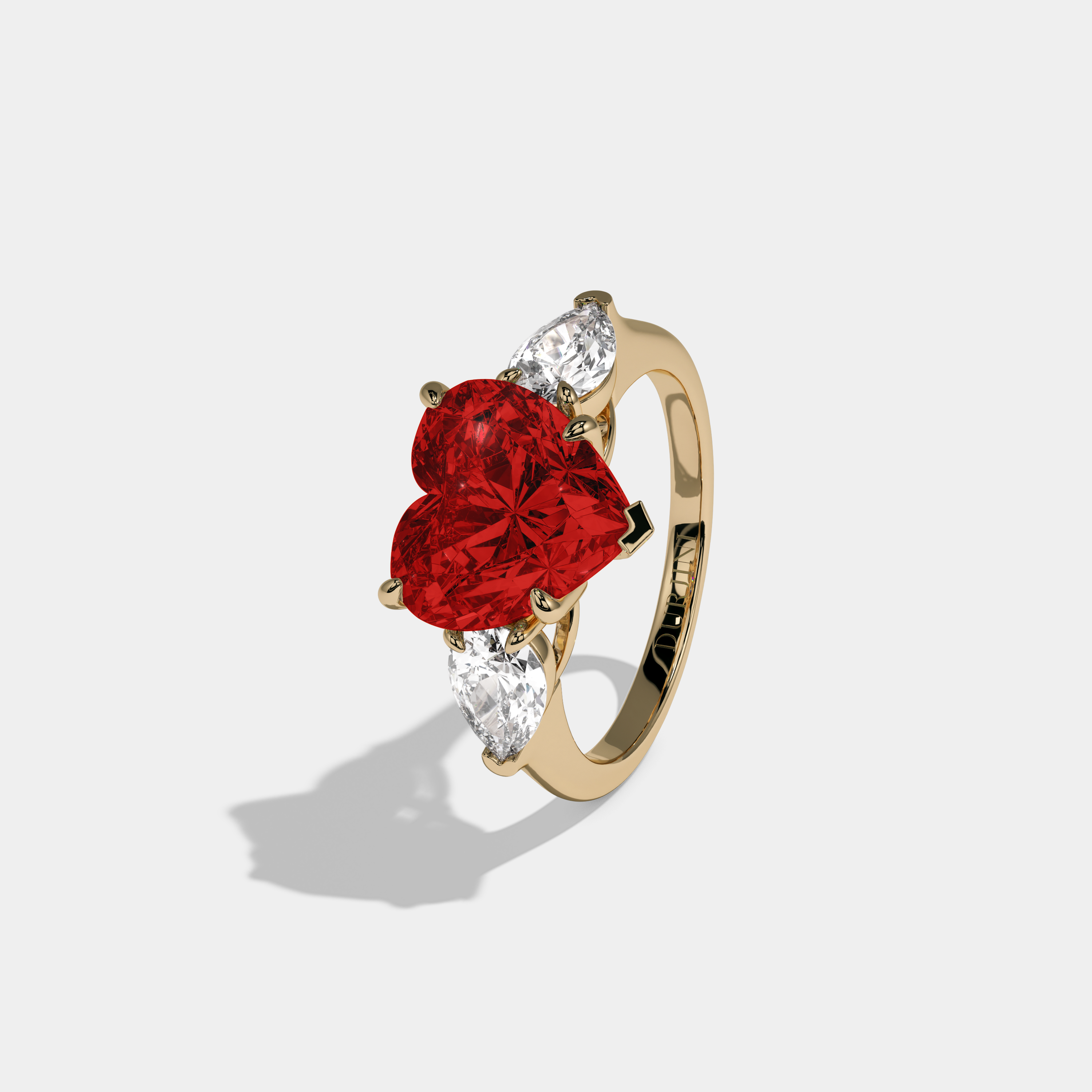 Eleanor Fancy Red Heart Cut Diamond Plain Band With Pear Cut Sides Engagement Ring 8ct 18K Yellow Gold