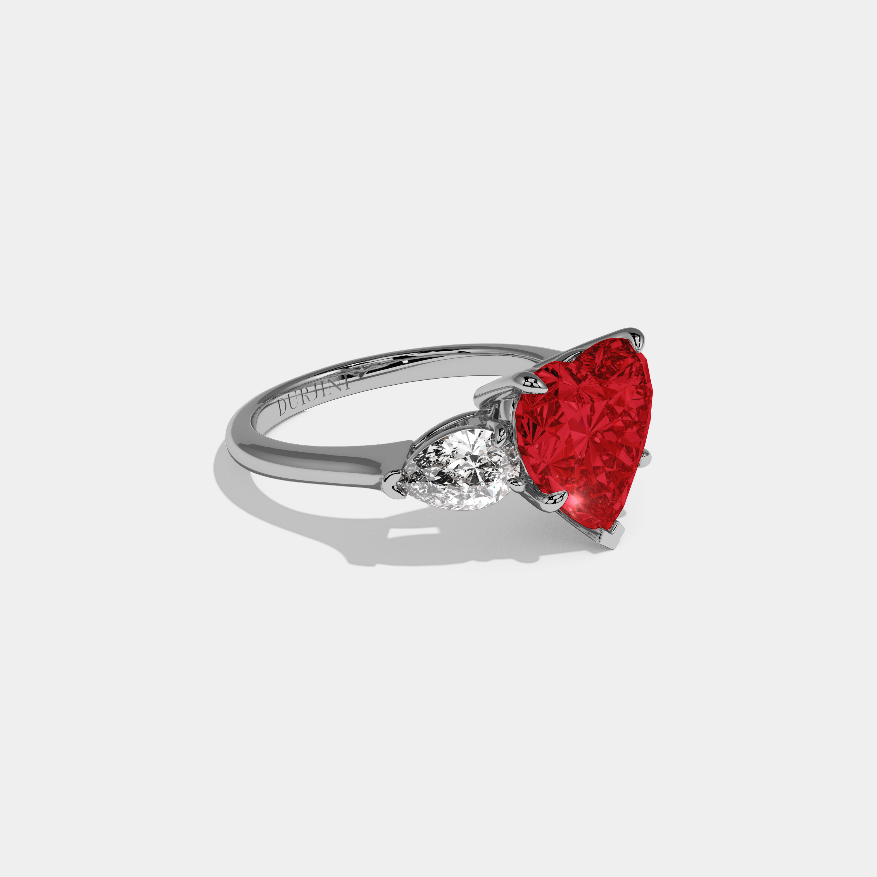 Anne Fancy Red Heart Cut Diamond Plain Band With Pear Cut Sides Engagement Ring 8ct 18K White Gold