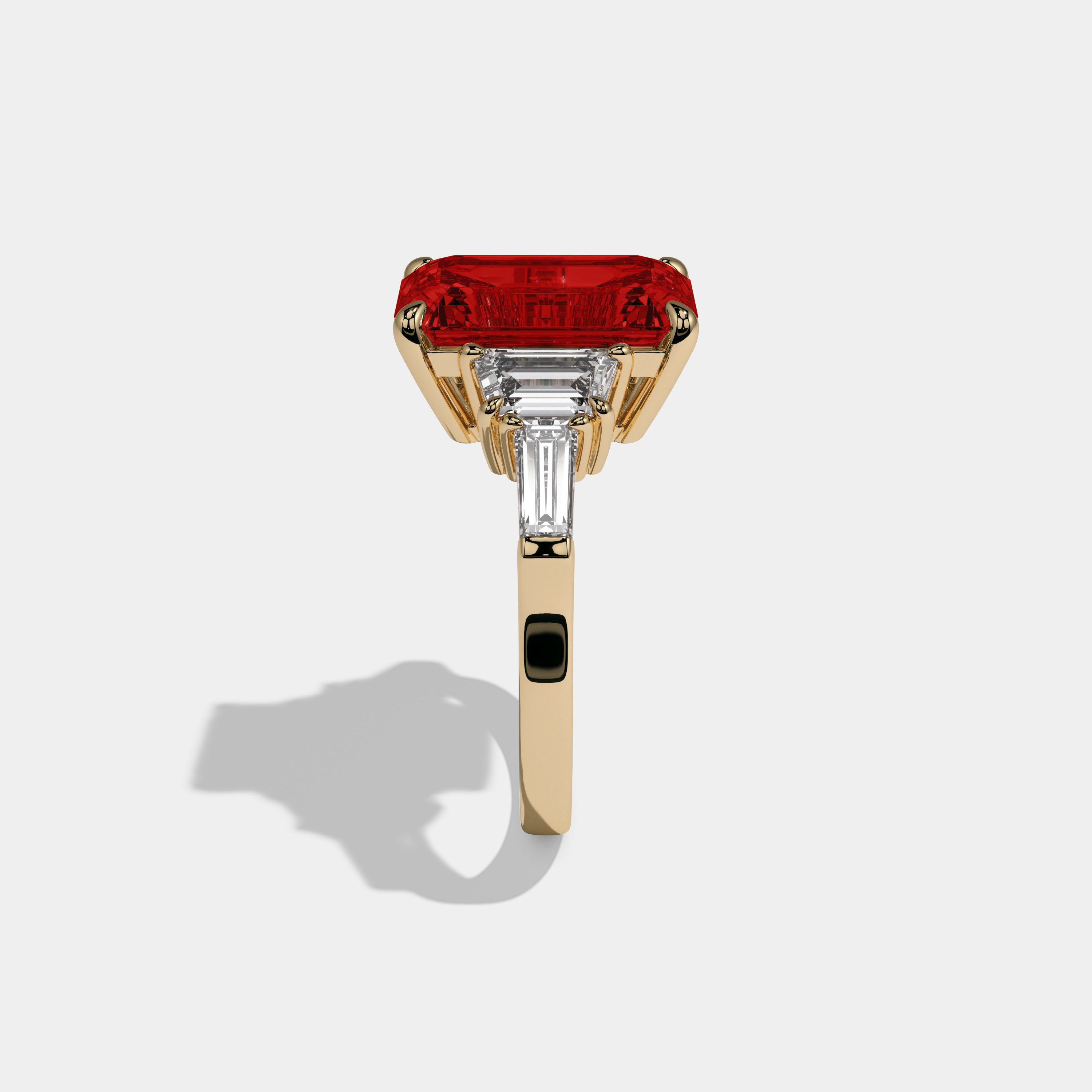Eleanor Fancy Red Emerald Cut Diamond Plain Band With Step Cut Sides Engagement Ring 8ct 18K Yellow Gold