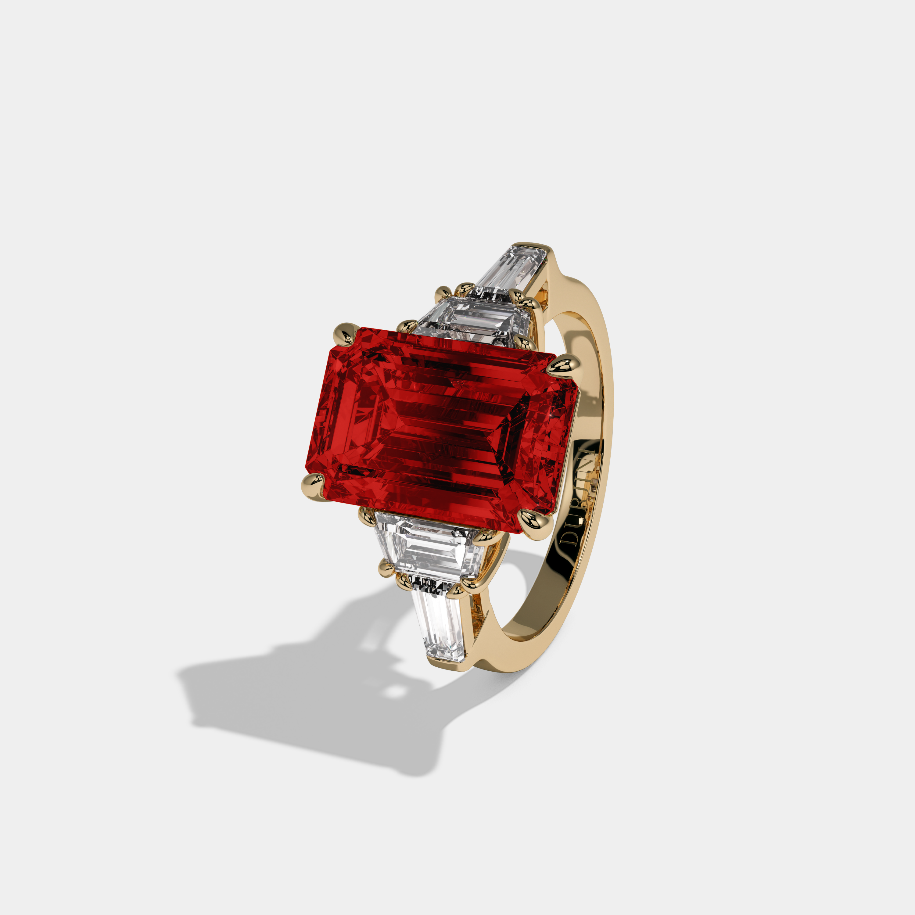 Eleanor Fancy Red Emerald Cut Diamond Plain Band With Step Cut Sides Engagement Ring 8ct 18K Yellow Gold