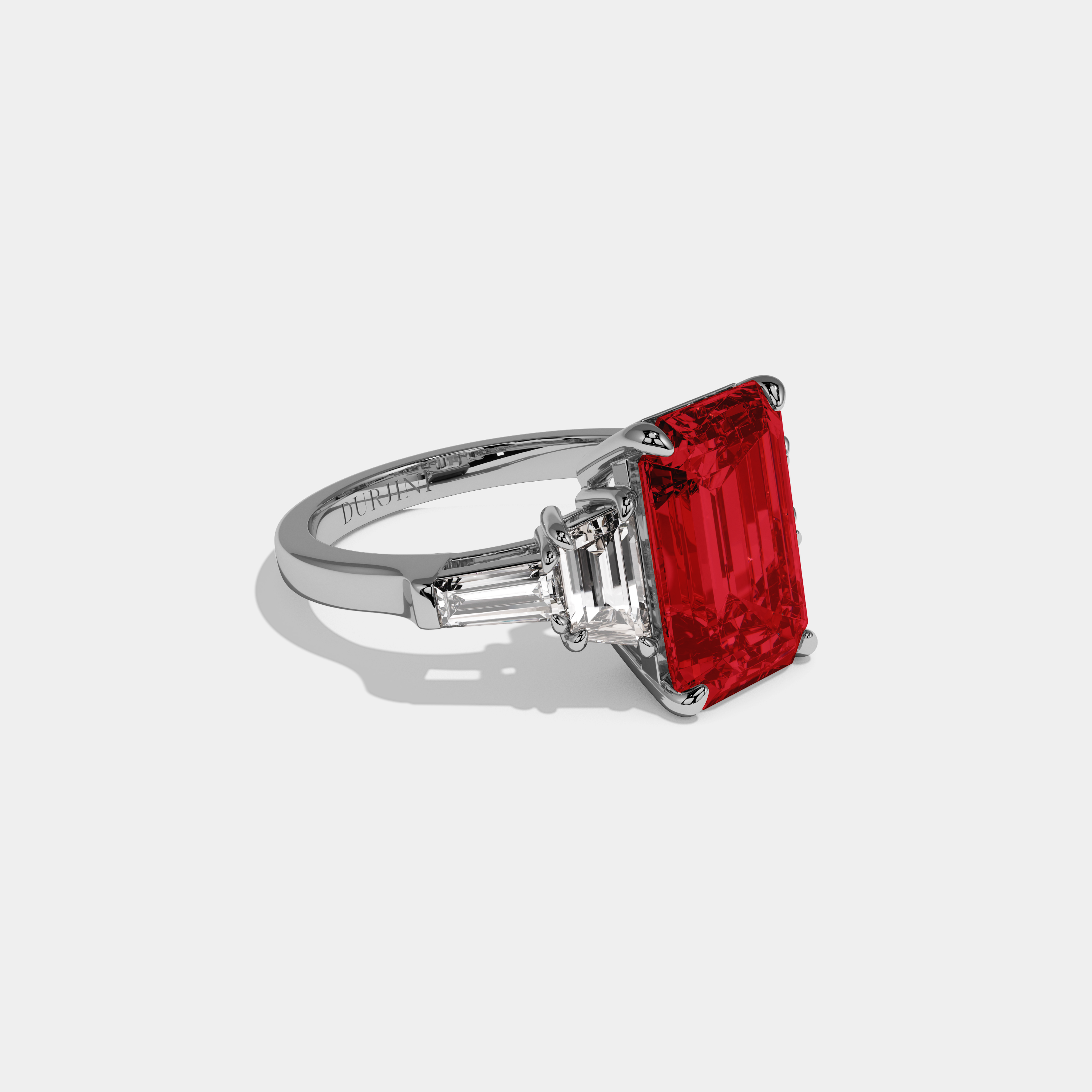 Anne Fancy Red Emerald Cut Diamond Plain Band With Step Cut Sides Engagement Ring 8ct 18K White Gold